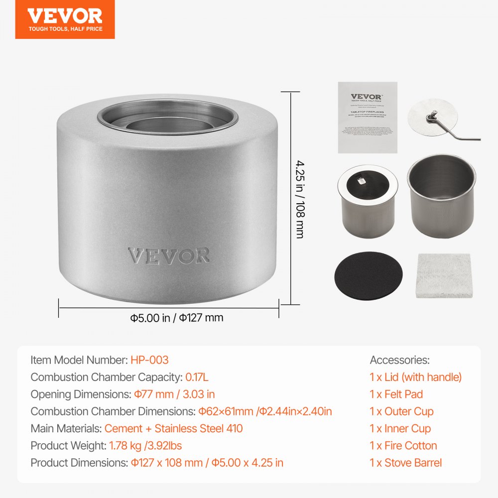 VEVOR Feuerstelle, Φ127x108mm, Tischkamin, Dekoration für drinnen & draußen, Feuerschale für Reinigungsalkohol, Smores-Maker, für Terrasse & Balkon mit Feuerlöscherabdeckung, Zylinder hellgrau