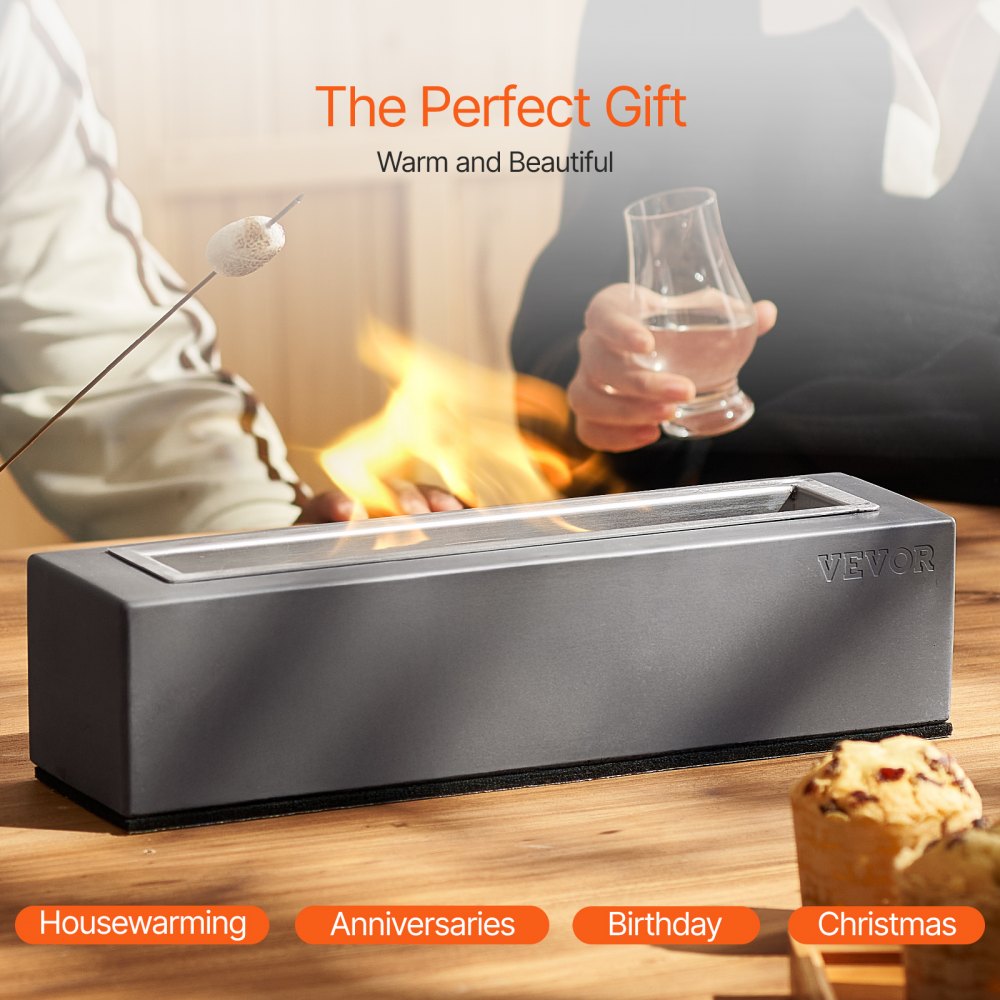 VEVOR Feuerstelle, 380 x 100 x 135 mm, Tischkamin aus Beton, Feuerkorb, Feuerschale für Reinigungsalkohol, Smores-Maker, für Terrasse & Balkon mit Feuerlöscherabdeckung, quadratisch, hellgrau