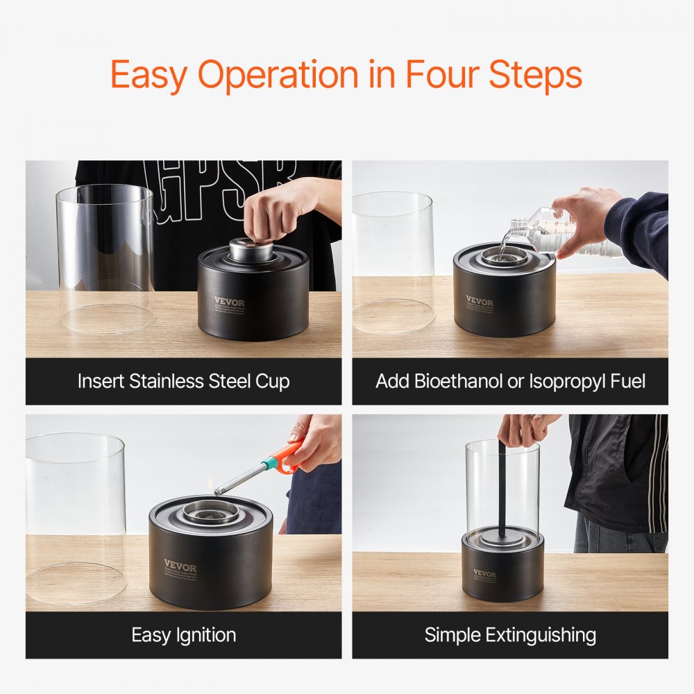 VEVOR Feuerstelle, φ160x285mm Tischkamin aus Metall, Dekoration für drinnen & draußen, Feuerschale für Reinigungsalkohol, Smores-Maker mit Glas, Feuerkorb für Terrasse & Balkon mit Feuerlöscherabdeckung