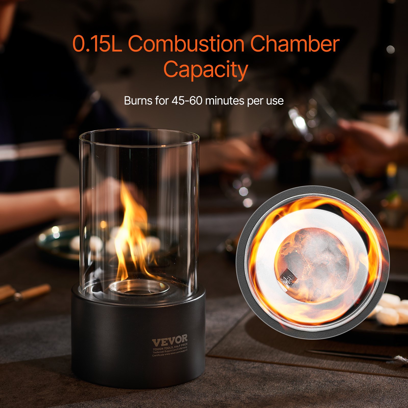 VEVOR Fire Pit, φ160x285mm Metal Tabletop Fireplace, Indoor & Outdoor Decoration, Fire Bowl for Alcohol Cleaning, S'mores Maker with Glass, Fire Basket for Patio & Balcony with Fire Extinguisher Cover