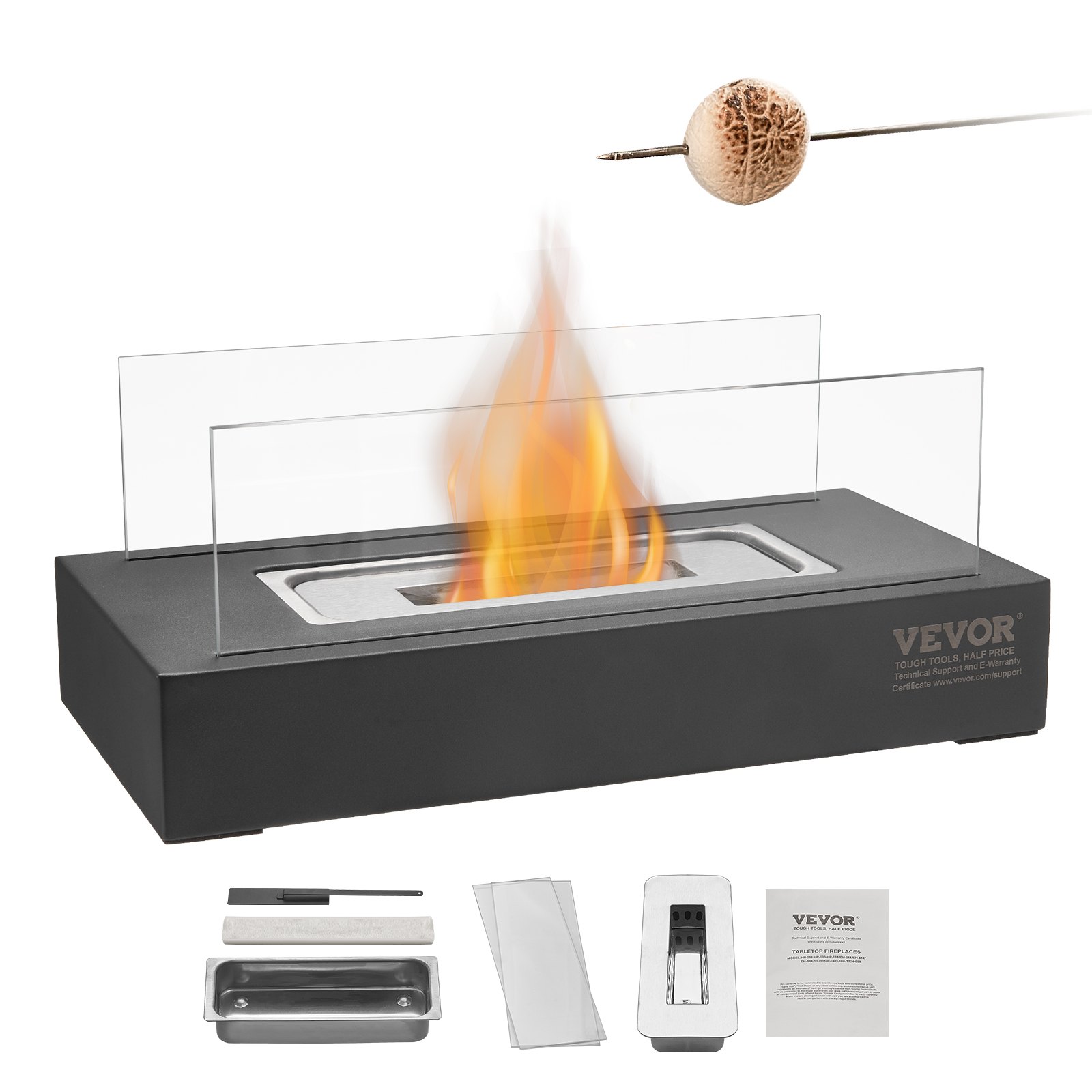 VEVOR Feuerstelle, 35x18x14cm Tischkamin aus Metall, Dekoration für drinnen & draußen, Feuerschale für Reinigungsalkohol, Smores-Maker mit Glas, für Terrasse & Balkon mit Feuerlöscher, quadratisch
