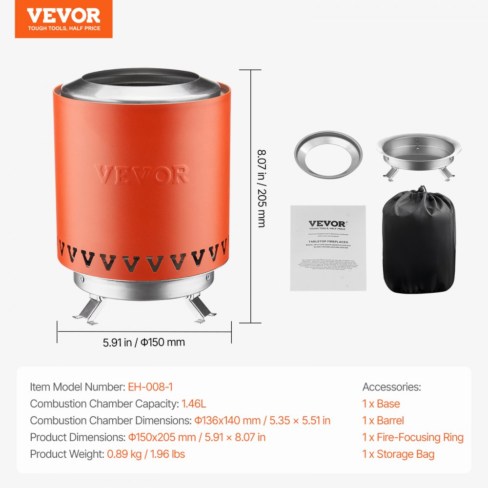 VEVOR Feuerstelle, Φ150x205mm Tischkamin für drinnen & draußen, tragbarer Reibebrenner, Smores-Maker mit Ständer, mit Holz oder Pellets befeuert, Feuerschale für Camping, Terrasse, Zylinder, Rot