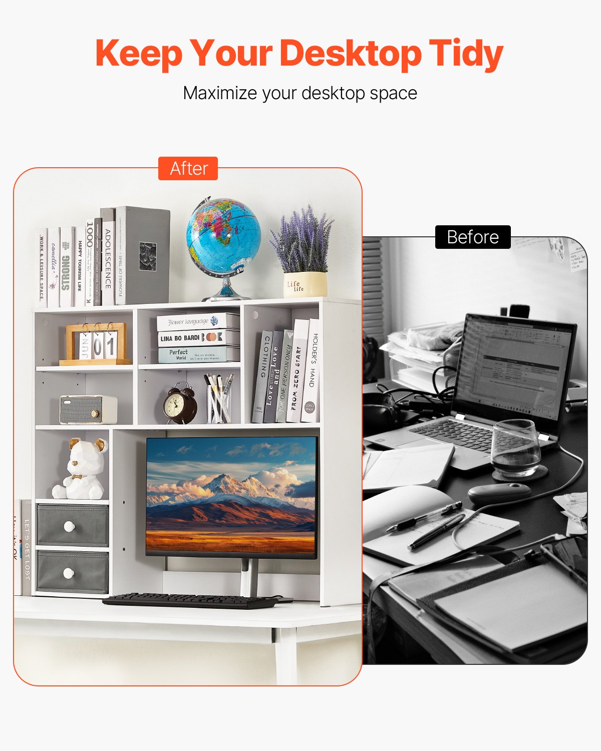 VEVOR Schreibtisch Bücherregal 3-stufiger Organizer (94 x 25,4 x 79,2 cm) Tischregale Organizer Ausstellungsregal aus Spanplatte + Melaminpapier, Regal mit rutschfesten Füßen, für Büro Weiß