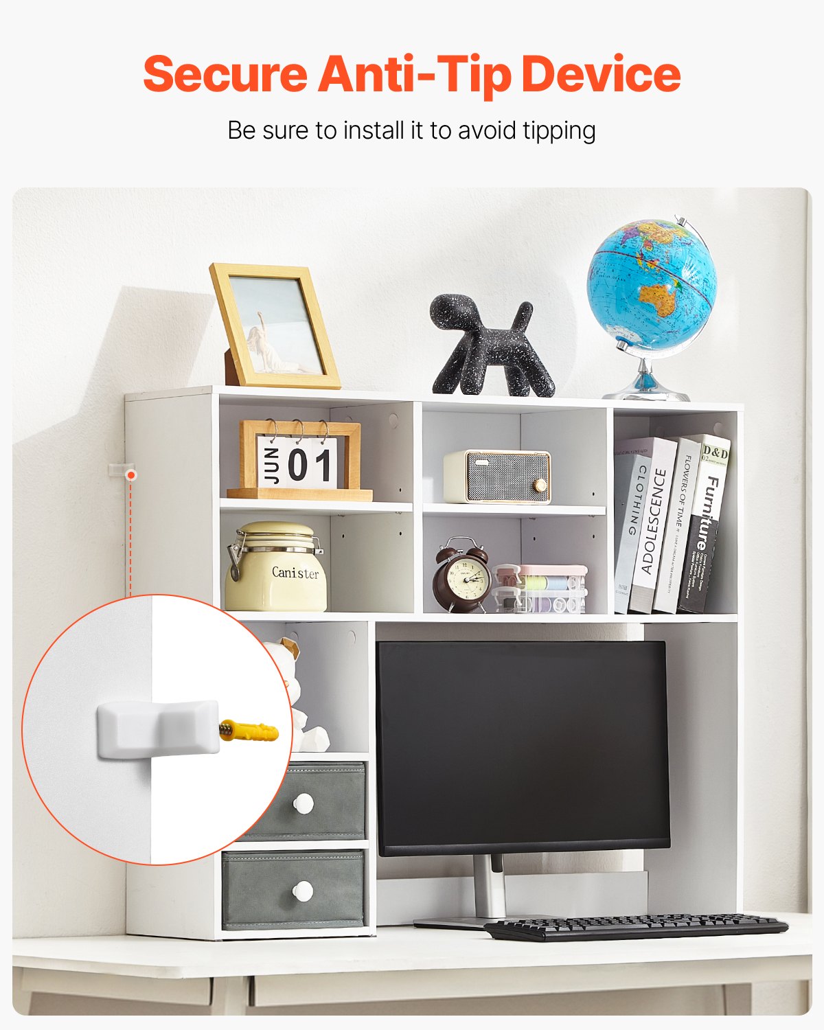 VEVOR Desk Bookshelf 3-Tier Organizer (94 x 25.4 x 79.2 cm) Tabletop Shelves Organizer Display Shelf Made of Particleboard + Melamine Paper, Shelf with Non-Slip Feet, for Office White