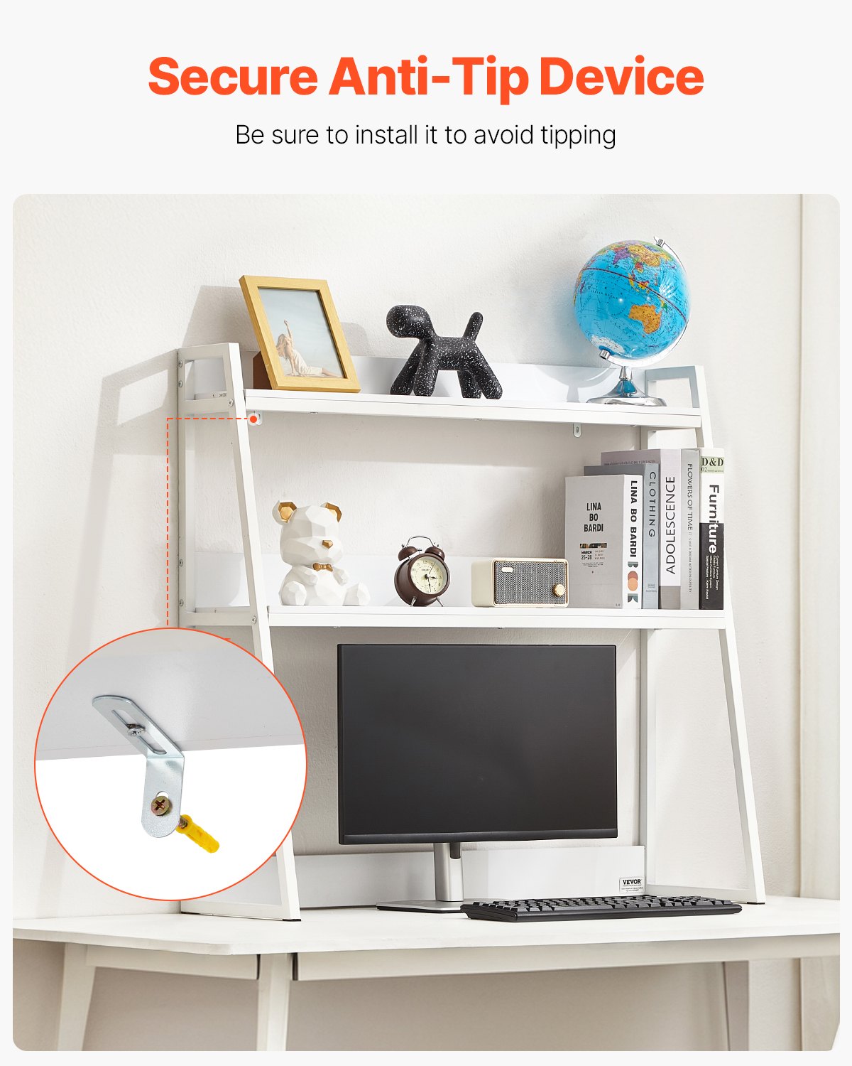 VEVOR Schreibtisch Bücherregal 2-stufiger Organizer (95 x 32 x 90 cm) Tischregale Organizer Ausstellungsregal aus Spanplatten + Melaminpapier + Q195A, Regal mit rutschfesten Füßen, Büro Weiß