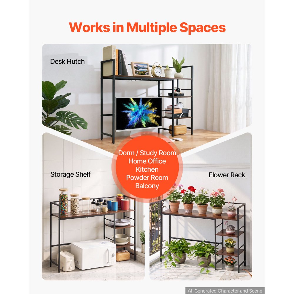 VEVOR Desktop Bookshelf 4-Tier Countertop Storage Hutch for Computer Desk, Metal Frame and Wooden Shelf, with Non-Slip Feet Pads, Multipurpose Desk Hutch Storage Organizer for Dorm, Home, and Office