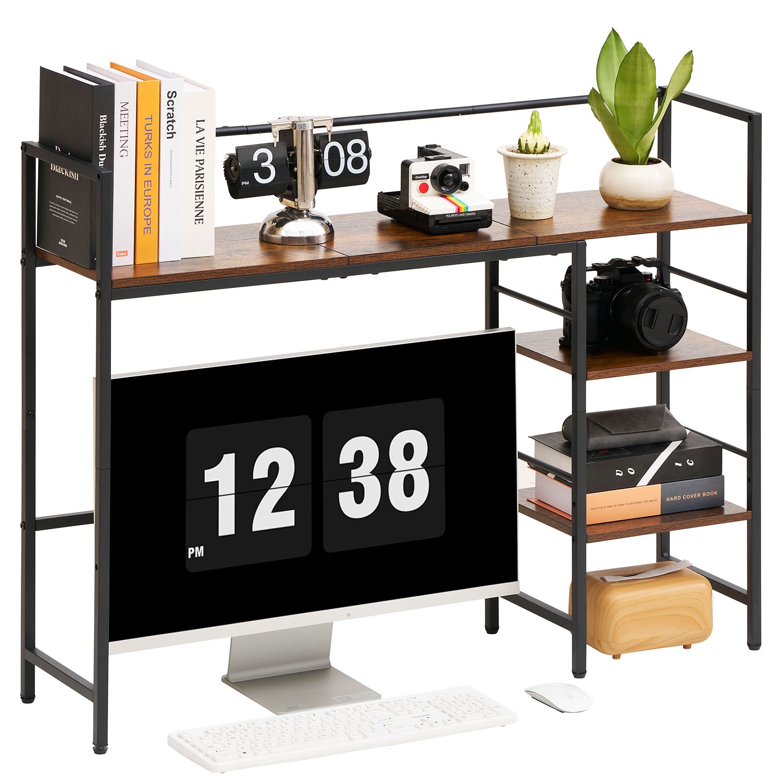 VEVOR Desktop Bookshelf 4-Tier Countertop Storage Hutch for Computer Desk, Metal Frame and Wooden Shelf, with Non-Slip Feet Pads, Multipurpose Desk Hutch Storage Organizer for Dorm, Home, and Office