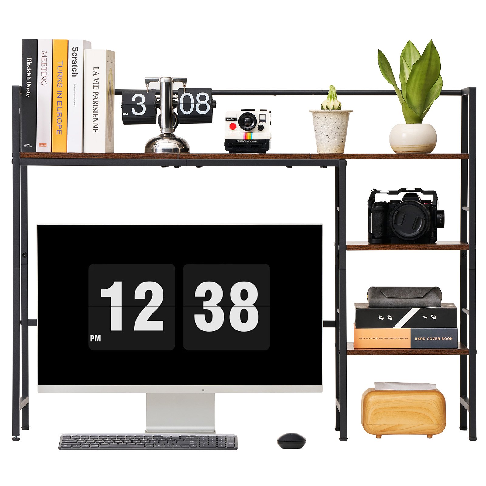 VEVOR Desktop Bookshelf 4-Tier Countertop Storage Hutch for Computer Desk, Metal Frame and Wooden Shelf, with Non-Slip Feet Pads, Multipurpose Desk Hutch Storage Organizer for Dorm, Home, and Office