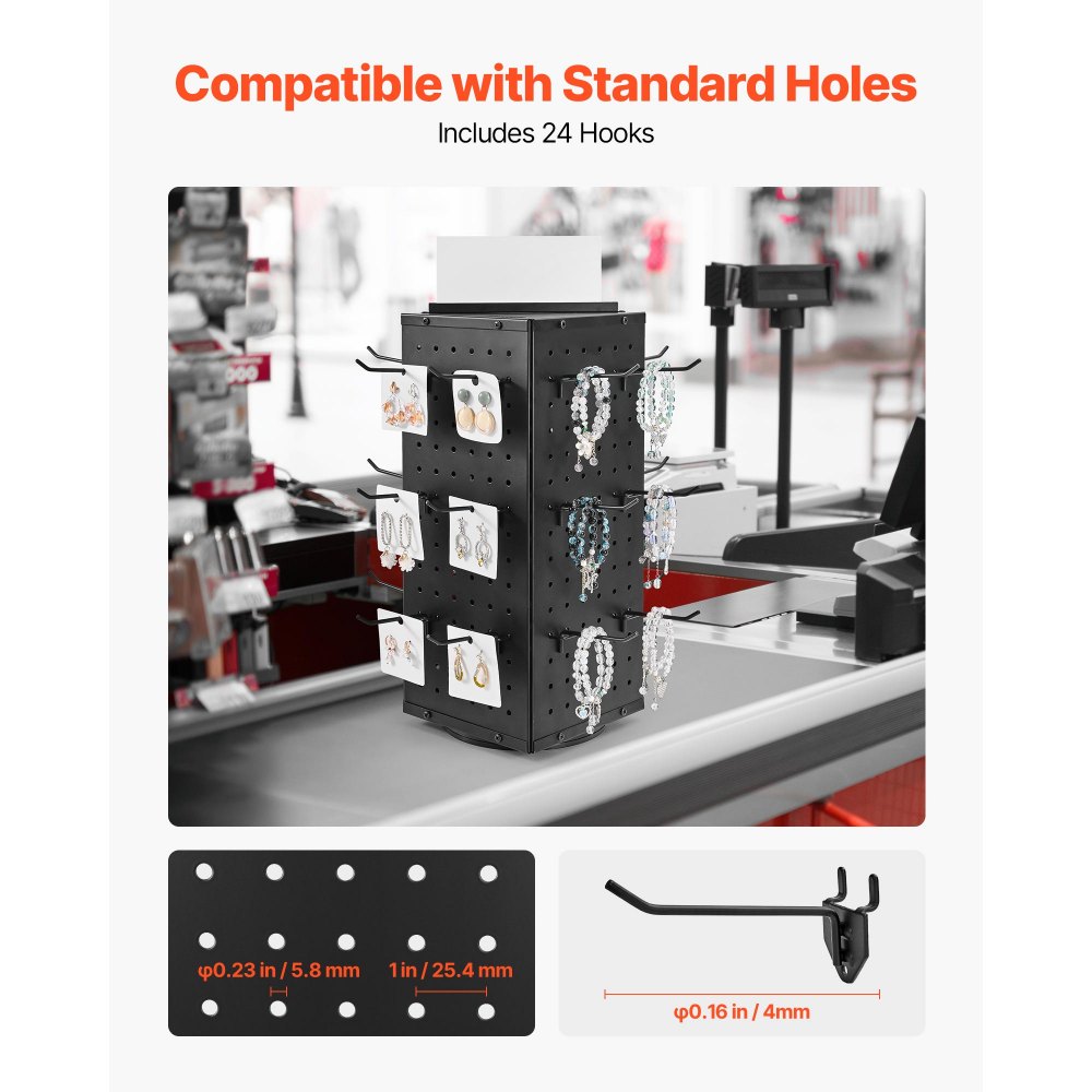 VEVOR Rotating Pegboard Display Stand, 18.8 x 18.8 x 42.6 cm 4-Sided Spinning Peg Board Display with 24 Hooks, Thickened Cold-Rolled Steel Craft Rack Organizer for Retail Store Jewelry Shop, Black