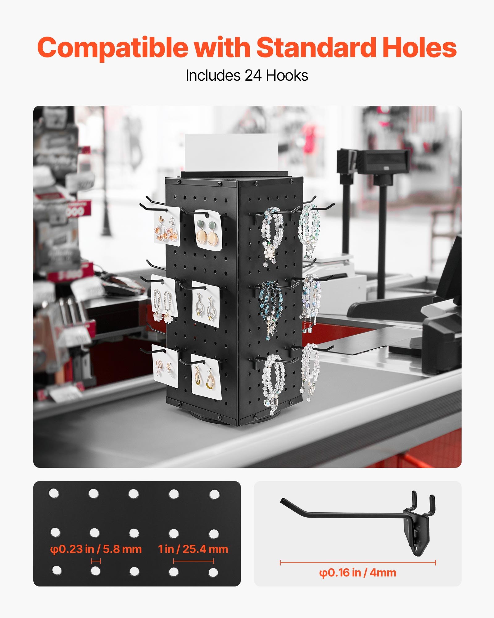 VEVOR Rotating Pegboard Display Stand, 18.8 x 18.8 x 42.6 cm 4-Sided Spinning Peg Board Display with 24 Hooks, Thickened Cold-Rolled Steel Craft Rack Organizer for Retail Store Jewelry Shop, Black