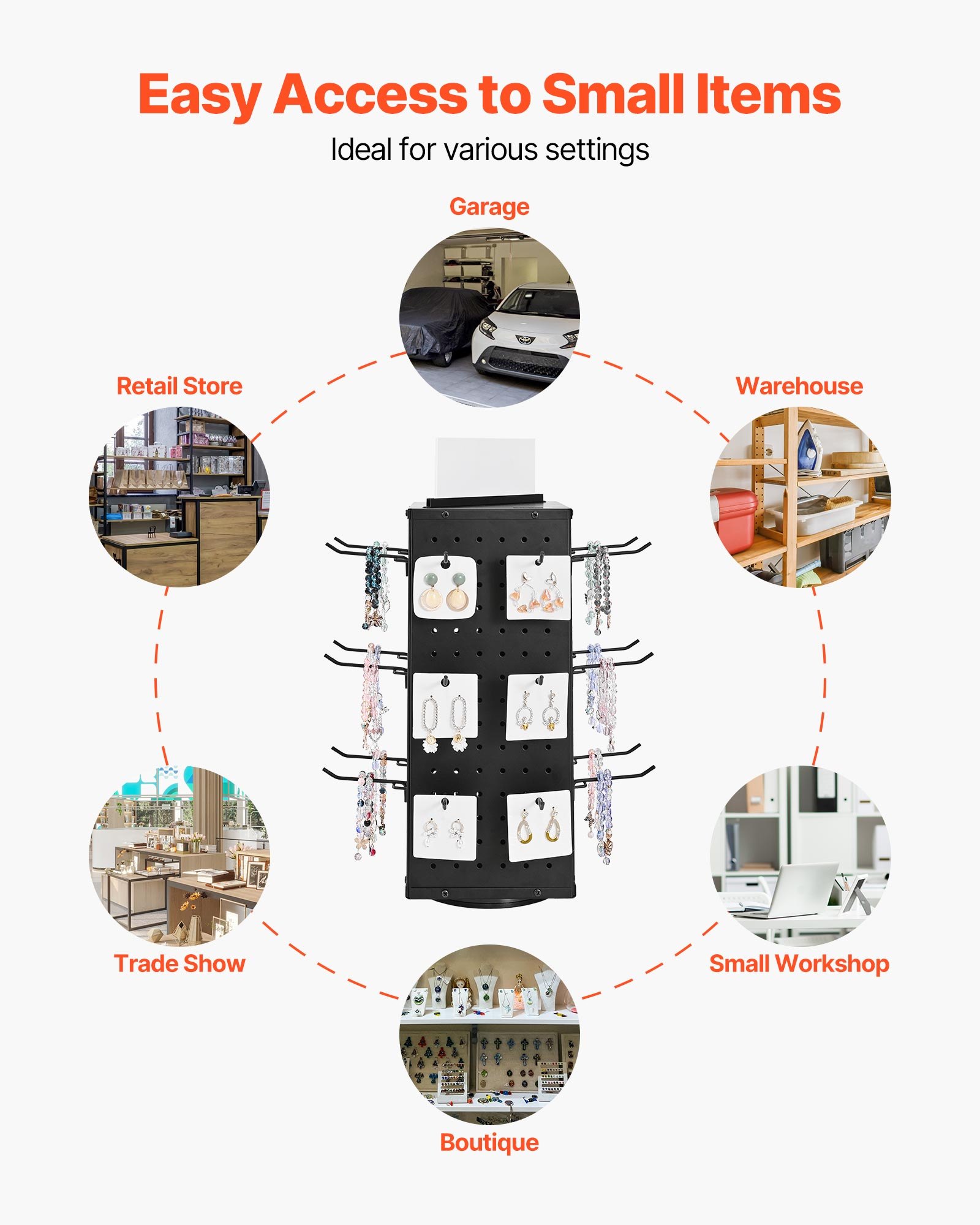 VEVOR Rotating Pegboard Display Stand, 18.8 x 18.8 x 42.6 cm 4-Sided Spinning Peg Board Display with 24 Hooks, Thickened Cold-Rolled Steel Craft Rack Organizer for Retail Store Jewelry Shop, Black