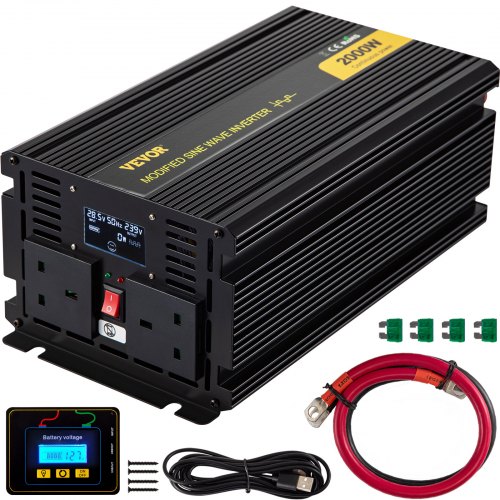 VEVOR Modifizierter Sinus Wechselrichter 2000 W Spannungswandler,DC 24 V auf AC 240 V Dauerleistung Inverter Stromumwandler LCD-Fernbedienung 0,15 A LCD-Anzeigen UK-Steckdose 2 Batteriekabel