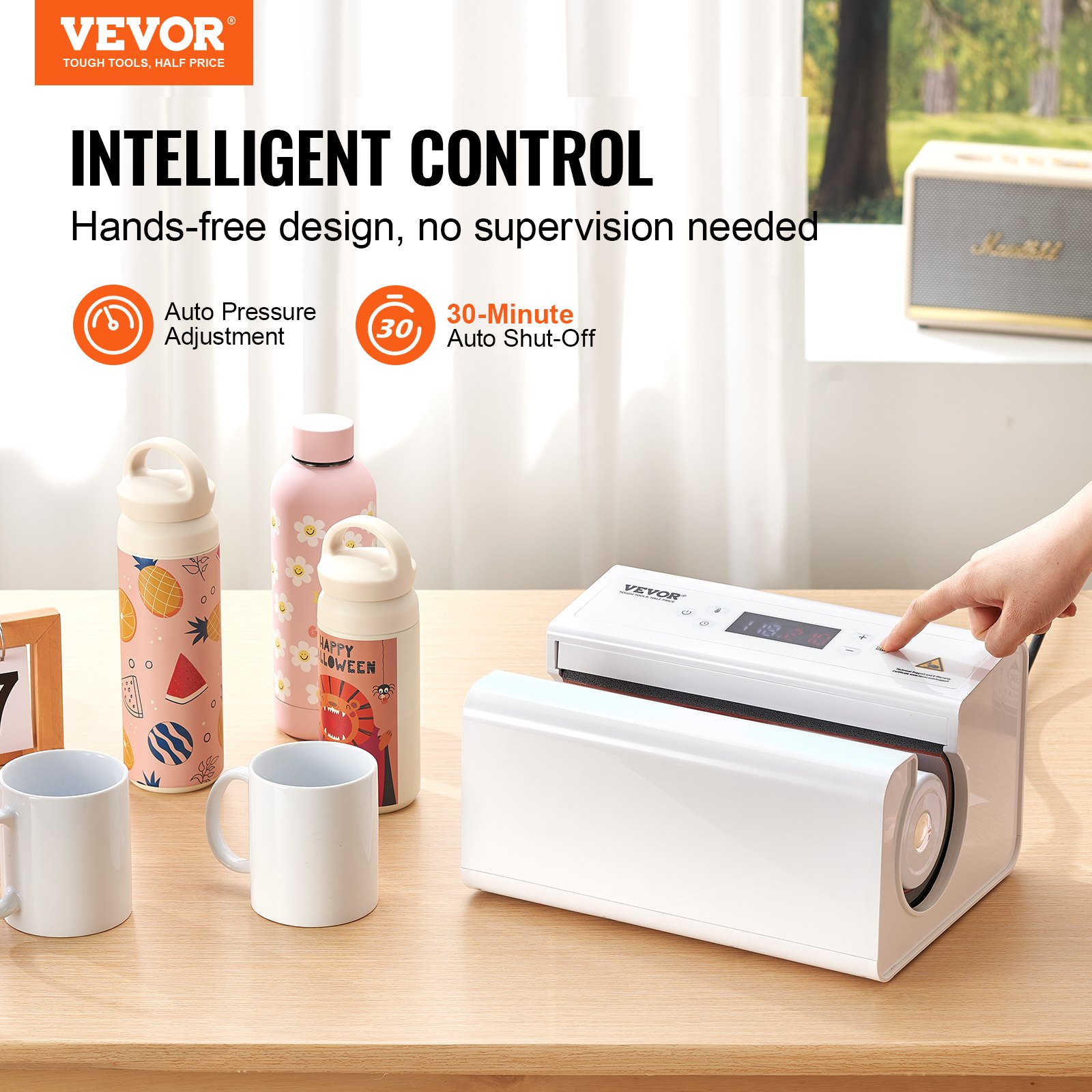 VEVOR automatische Hitzepresse, Tassen Hitzepresse für 325 bis 887 ml Sublimationsbecher, Tumbler-Presse mit Klebeband und Handschuh, Temperatur- und Zeiteinstellung, für Becher, Tassen, Weiß