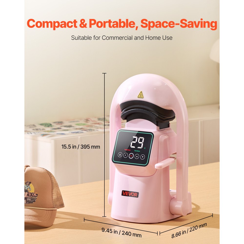 VEVOR automatische Hut-Hitzepresse mit 2 austauschbaren Platten, automatisches Öffnen und Lösen, Touchscreen für Zeit- und Temperaturregelung, Wärmeübertragungsdruck für Kappen Hüte, Pink