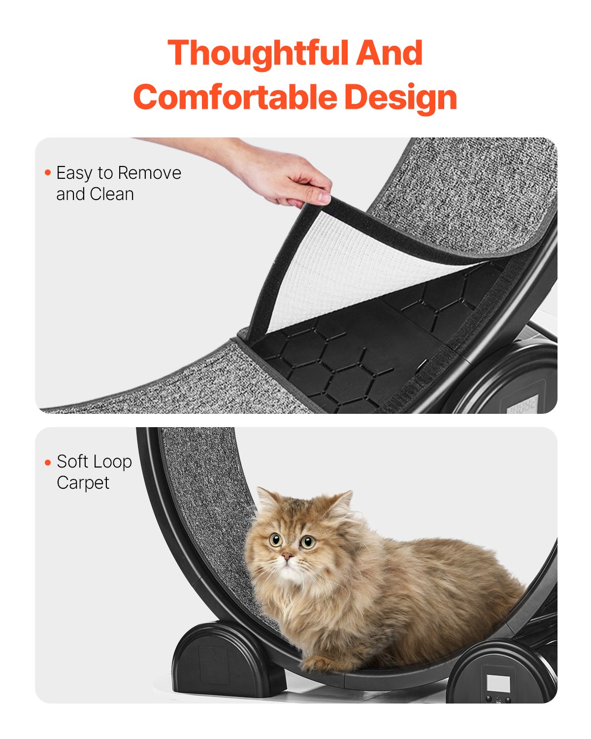 VEVOR Laufrad für Katzen, 115x39,5x109cm, Laufrad mit Bremse & Laufbahn aus Teppich, Katzenlaufband für Hauskatzen unter 13,6 kg, Katzentrainer für die Gesundheit und Fitness von Haustieren, Schwarz