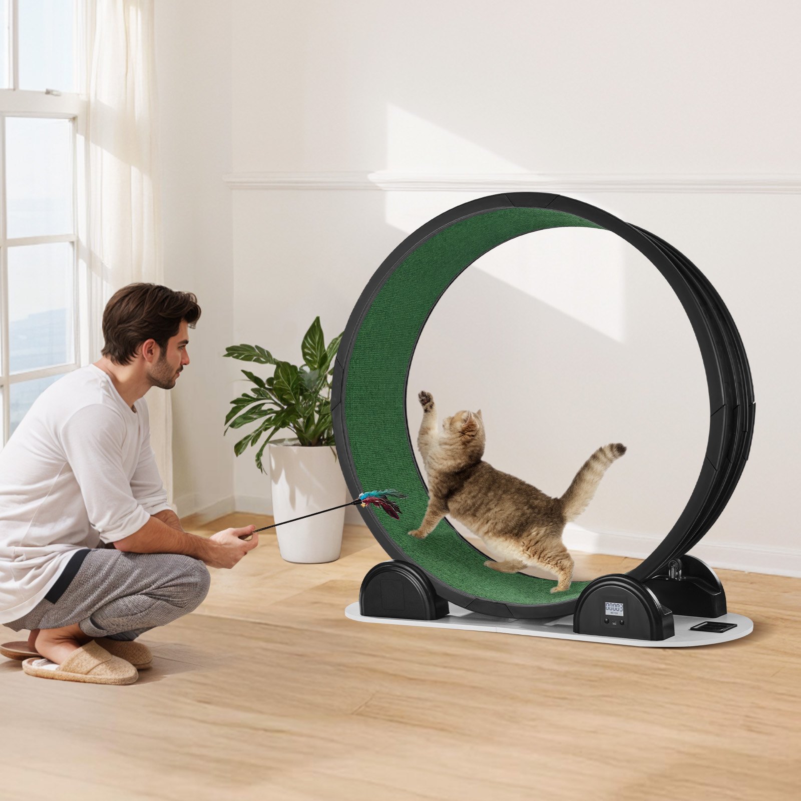 VEVOR Laufrad für Katzen, 115x39,5x109cm, Laufrad mit Bremse & Laufbahn aus Teppich, Katzenlaufband für Hauskatzen unter 13,6 kg, Katzentrainer für die Gesundheit und Fitness von Haustieren, Schwarz