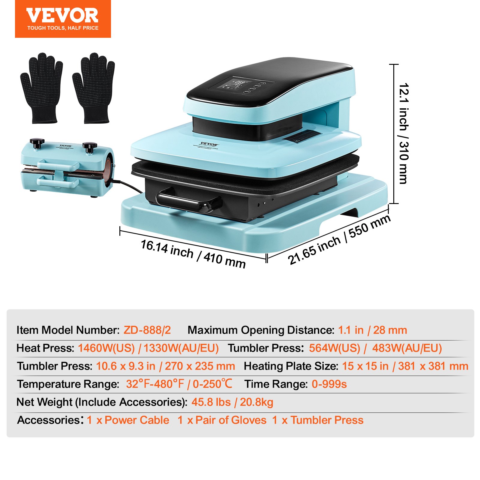 VEVOR Automatisches Hitzepressmaschinen-Set, Tumbler-Presse 2-in-1, 381 x 381 mm intelligente T-Shirt-Presse mit automatischer Entriegelung, Tumbler-Presse für 312-850 g Tumbler