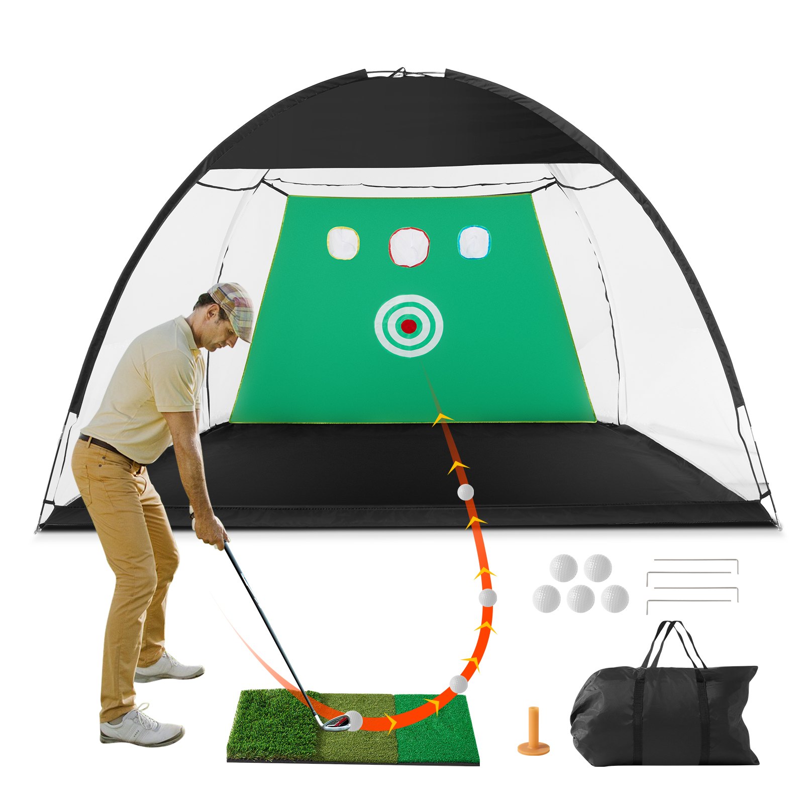 VEVOR Golfnetz, 3 x 2,1 m, All-in-1-Golfübungsnetz, Golfschwungtraining für drinnen und draußen zu Hause, Golfschlaghilfenetz mit Zielscheibe/Rasenmatte/Bällen/Tee/Tragetasche, für Driving- und Chipping-Übungen im Garten, Geschenk für Männer