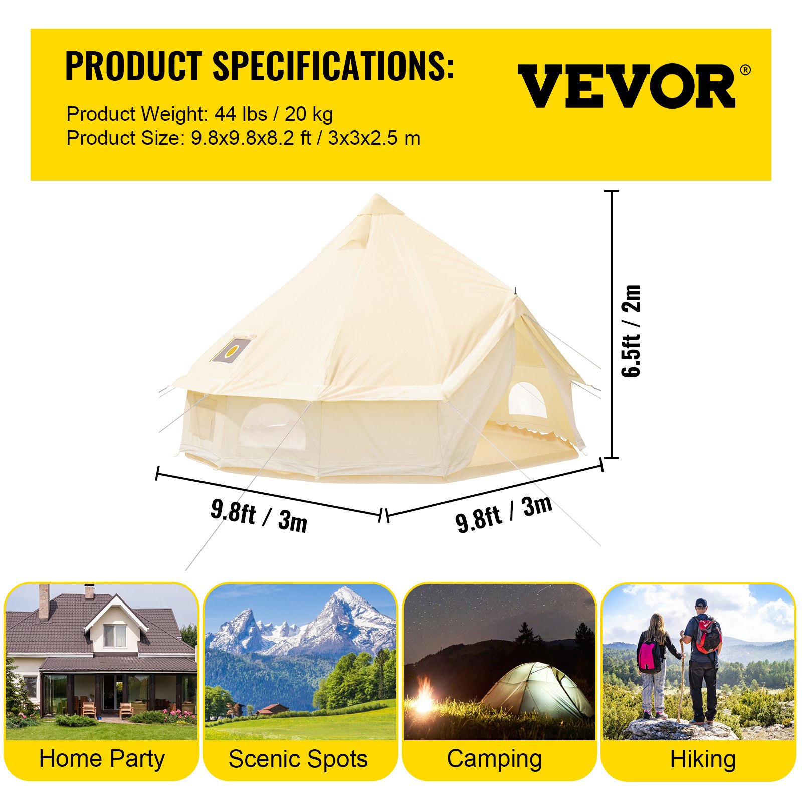 VEVOR 3m Glockenzelt Outdoor-Glamping Canvas-Zelt Baumwolle Tipi Zelt für Camping Waterproof für Familien Camping Outdoor Hunting für alle Jahreszeiten