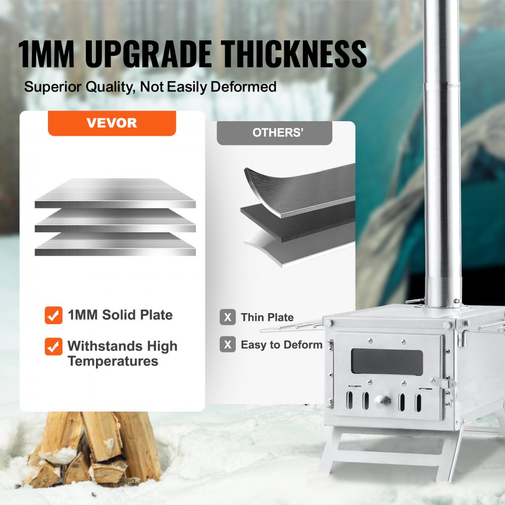 VEVOR Holzofen, 80 Zoll, Camping-Zeltofen aus Edelstahl, tragbarer Holzofen mit Kaminrohren und Handschuhen, 700 Zoll großer Feuerraum-Zeltofen zum Kochen und Heizen im Freien mit 8 Rohren