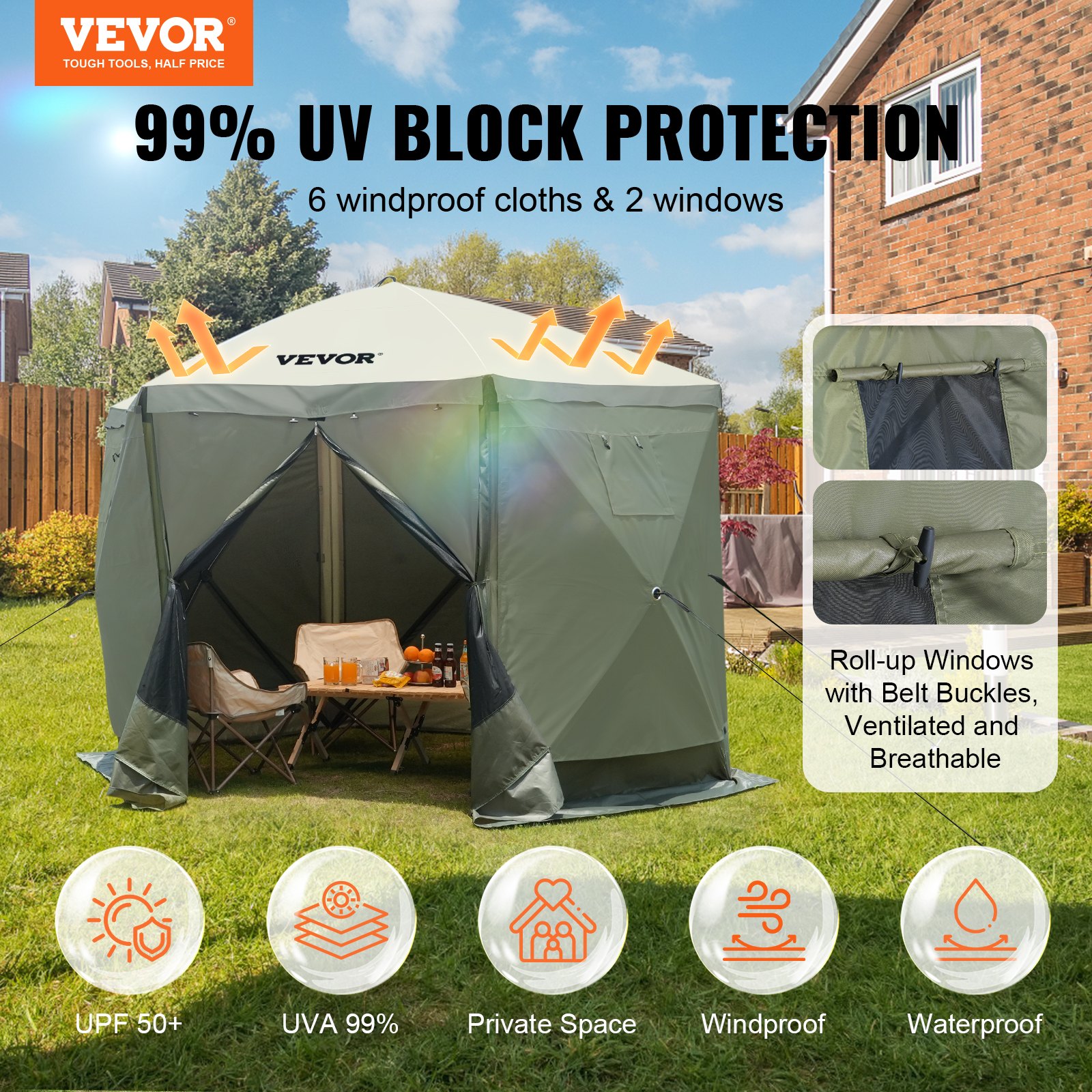 VEVOR Pop-Up-Pavillonzelt, Pop-Up-Zelt mit 6-seitigem Baldachin, Sonnenschutz mit 6 abnehmbaren Sichtschutz-Windtüchern und Netzfenstern, 10 x 10 Fuß, Schnellaufbau-Zelt mit Moskitonetz, Armeegrün