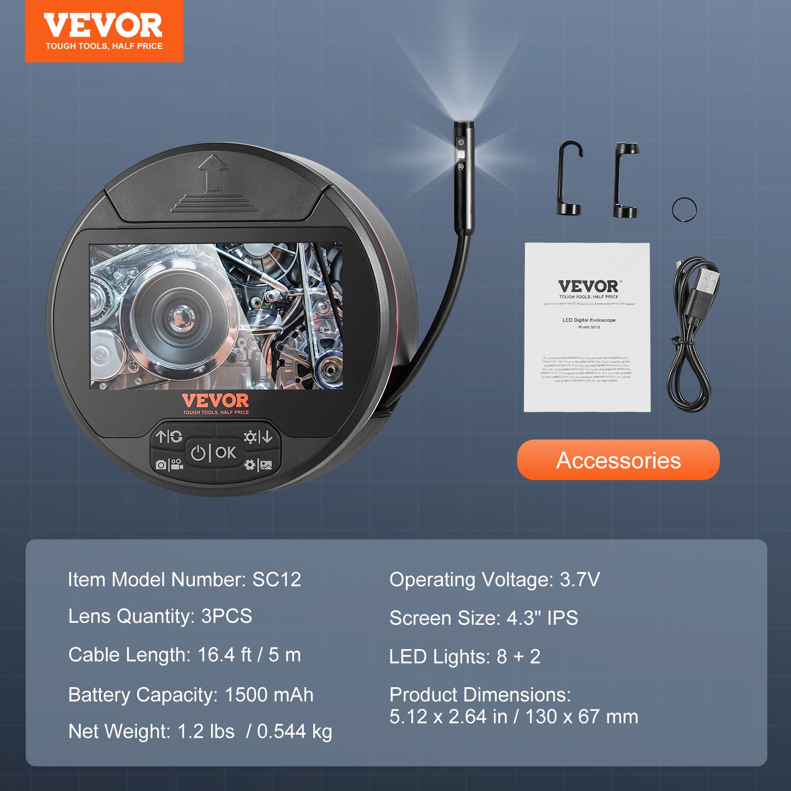 VEVOR Borescope-Endoskopkamera mit Dreifachobjektiv und Licht, Inspektionskamera mit 4,3-Zoll-IPS-Bildschirm mit 8 + 2 Lichtern, IP67 wasserdichte Snake-Scope-Kamera für Automobile, Sanitär (16,4 Fuß Kabel, 32 GB Karte)