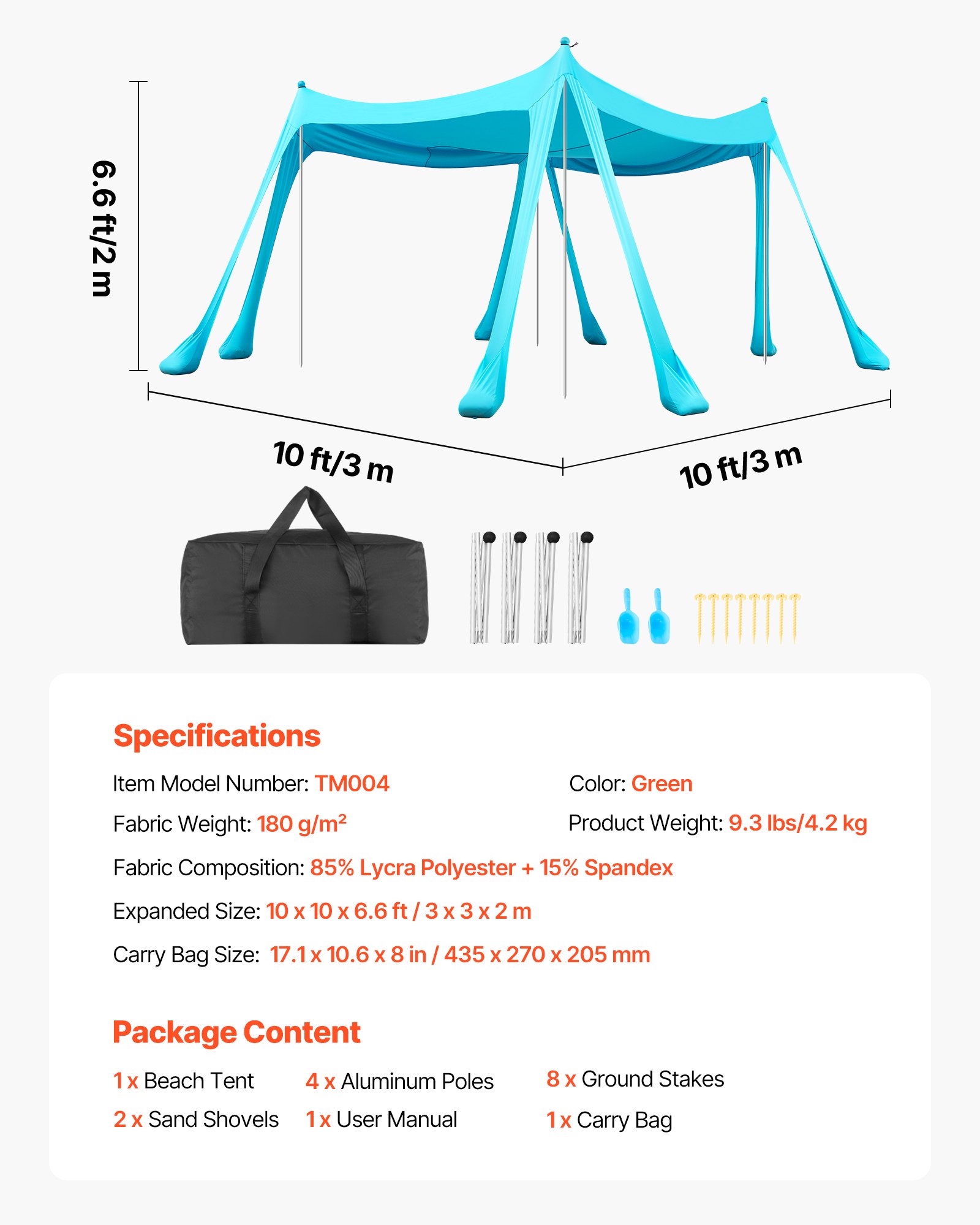 VEVOR Strandzelt mit Sonnenschutz (UPF 50+) 3 x 3 x 2 m, Strandmuschel mit Sandsäcken & Stützstangen & Sandschaufeln, Tragbares Sonnensegel für Familienausflüge Camping Angel Grün