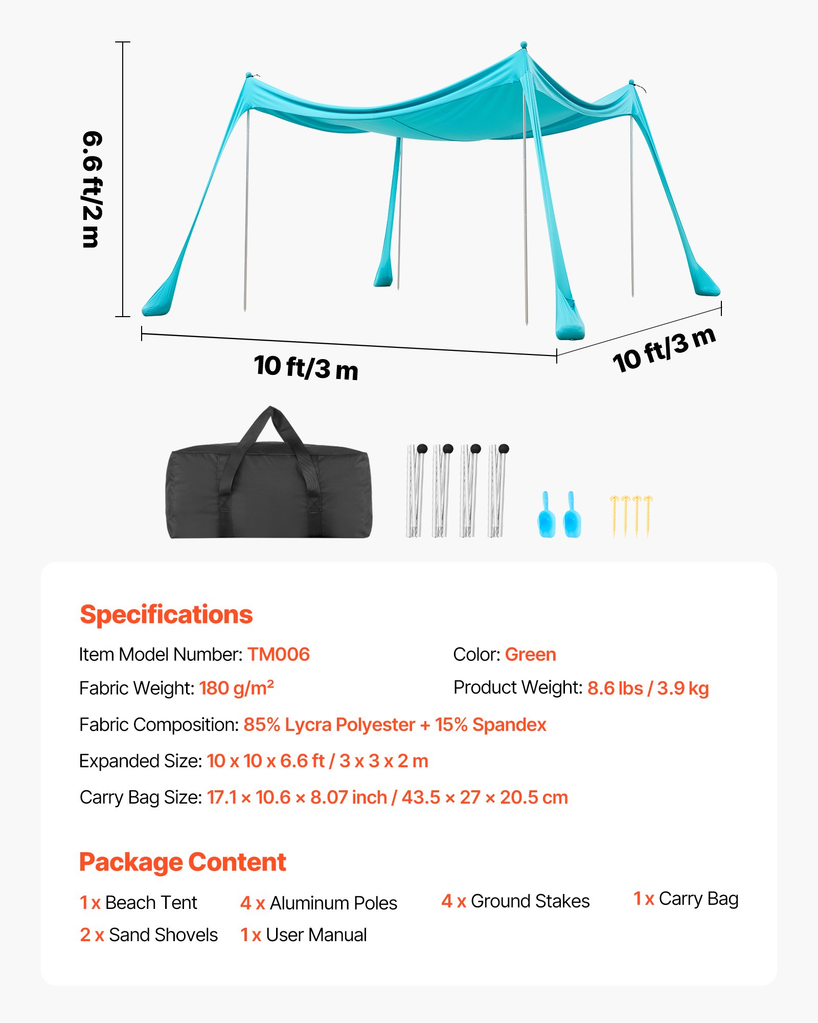 VEVOR Strandzelt mit Sonnenschutz (UPF 50+) 3 x 3 x 2 m, Strandmuschel mit Sandsäcken & Stützstangen & Sandschaufeln, Tragbares Sonnensegel für Familienausflüge Camping Angeln Grün