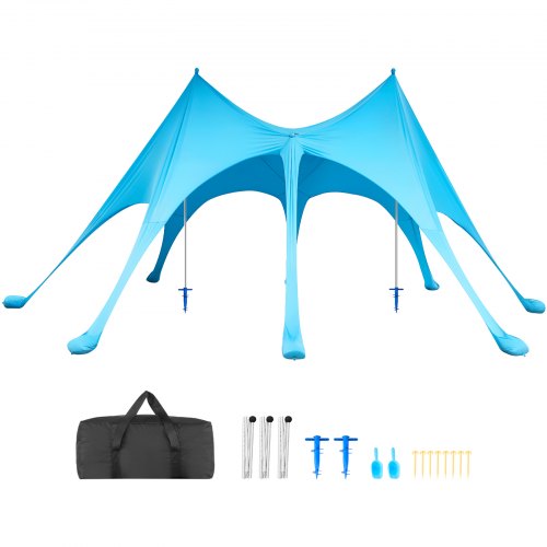 VEVOR Strandzelt mit Sonnenschutz (UPF 50+) 6,1 x 4 x 2,8 m, Strandmuschel mit Sandsäcken & Stützstangen & Sandschaufeln, Tragbares Sonnensegel für Familienausflüge Camping Angeln Blau