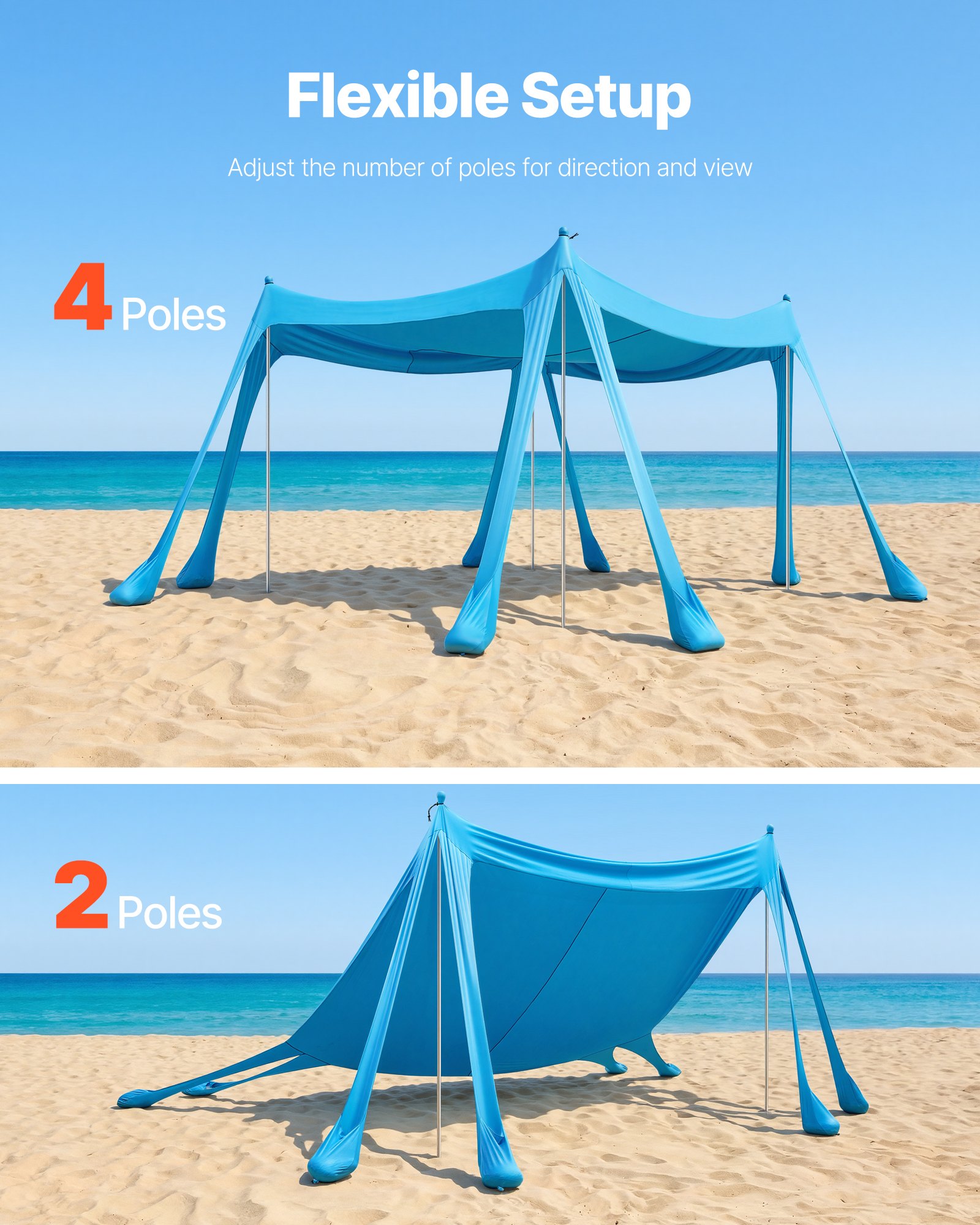 VEVOR Beach Tent Sun Shelter, UPF50+ Sun Protection, 2 m Tall, 3x3 m, Easy Pop Up Beach Canopy with Sandbags, Stability Poles, Sand Shovels, Portable Shade for Family Outings, Camping, Fishing, Blue