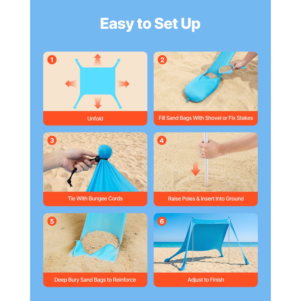 VEVOR Strandzelt mit Sonnenschutz (UPF 50+) 3,4 x 3,4 x 2 m, Strandmuschel mit Stützstangen & Sandschaufeln & Tragetasche, Tragbares Sonnensegel für Familienausflüge Camping Angeln Blau