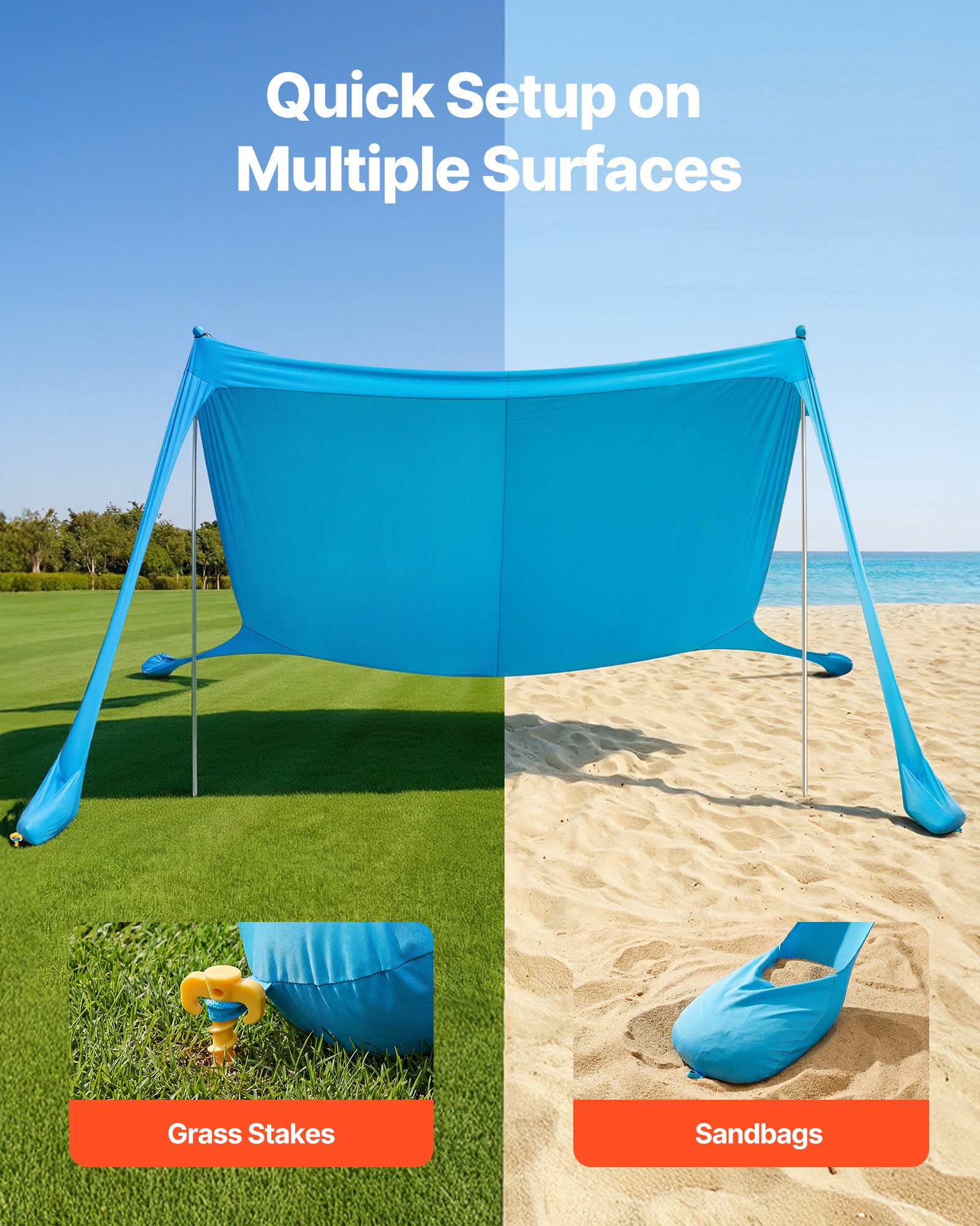 VEVOR Strandzelt mit Sonnenschutz (UPF 50+) 3,4 x 3,4 x 2 m, Strandmuschel mit Stützstangen & Sandschaufeln & Tragetasche, Tragbares Sonnensegel für Familienausflüge Camping Angeln Blau