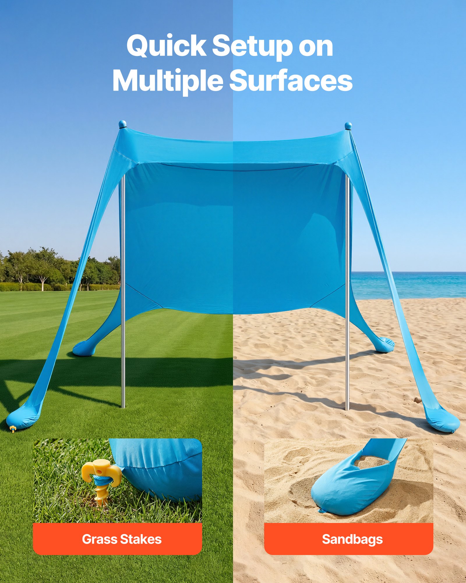 VEVOR Strandzelt mit Sonnenschutz (UPF 50+) 2,3 x 2,3 x 2 m Grundfläche, Strandmuschel mit Stützstangen & Sandschaufeln, Tragbares Sonnensegel für Familienausflüge Camping Angeln Blau