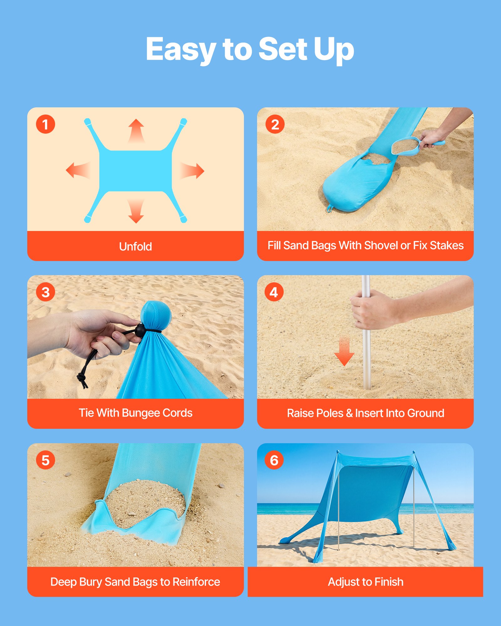 VEVOR Strandzelt mit Sonnenschutz (UPF 50+) 2,3 x 2,3 x 2 m Grundfläche, Strandmuschel mit Stützstangen & Sandschaufeln, Tragbares Sonnensegel für Familienausflüge Camping Angeln Blau