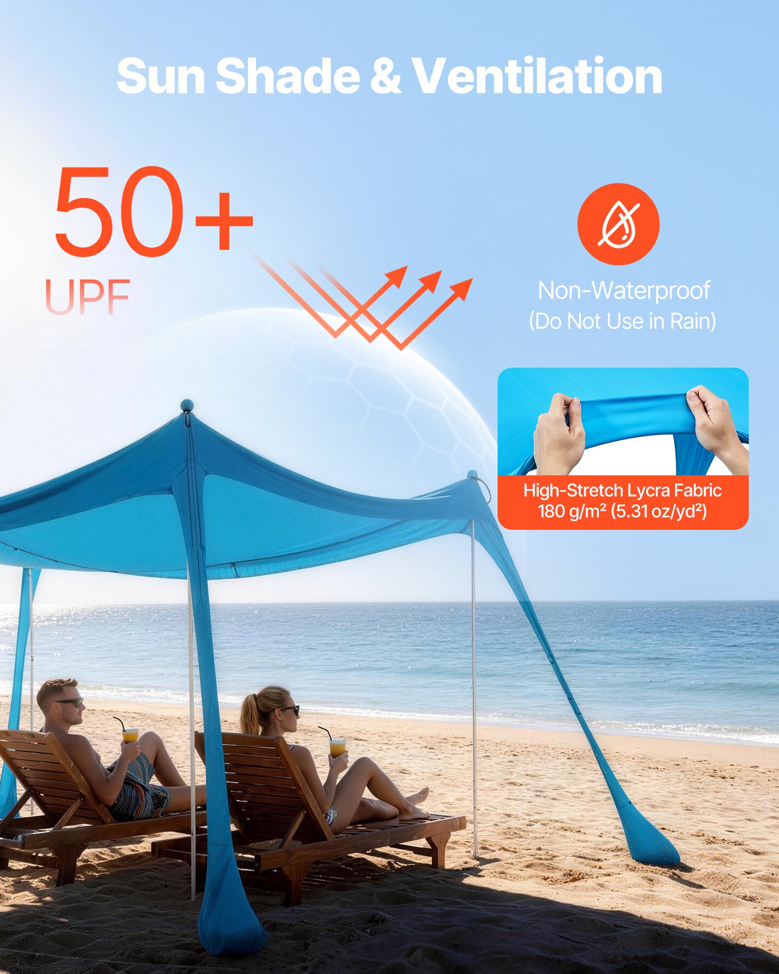 VEVOR Strandzelt mit Sonnenschutz (UPF 50+) 3 x 3 x 2 m, Strandmuschel mit 4 Sandsäcken & Stabilisierungsstangen & Sandschaufeln, Tragbares Sonnensegel für Familienausflüge Camping Angeln Blau