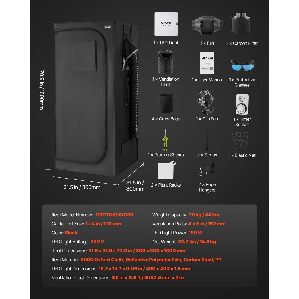 VEVOR Growzelt, 80x80x180 cm, Indoor-Pflanzenzelt mit Vollspektrum-LED-Zuchtlicht & Belüftungssystem, Growbox 600D hochreflektierendes Mylar, Zuchtzelte, Gewächshaus für Blumen & Gemüse