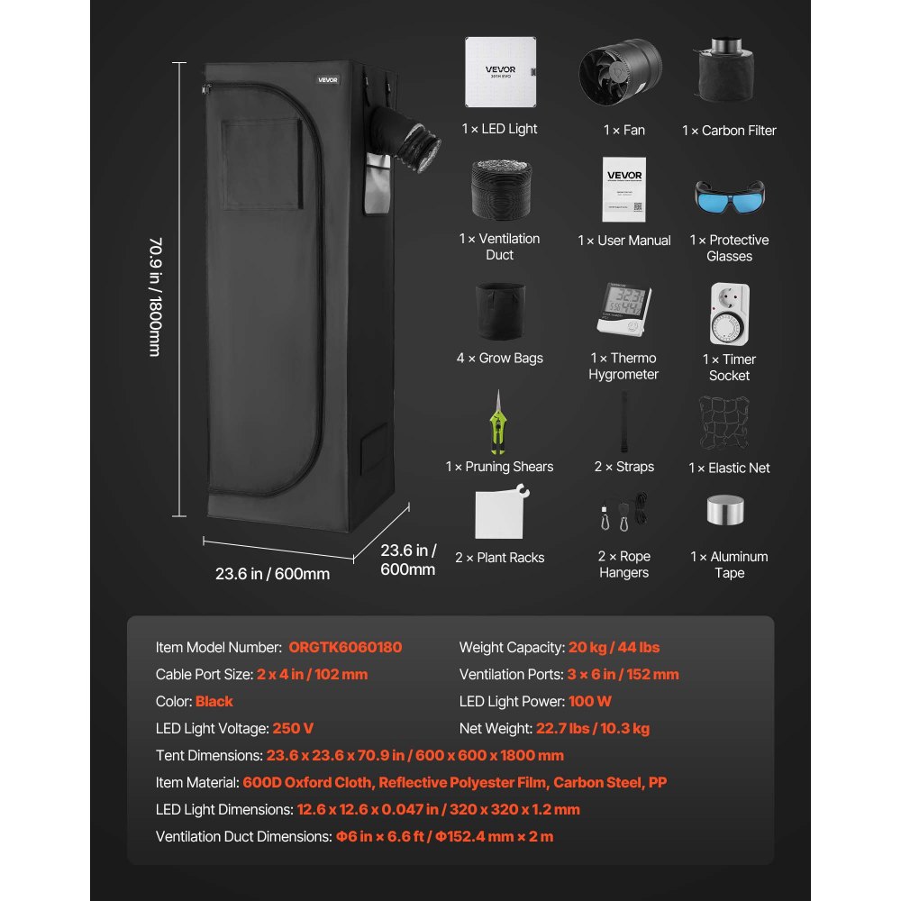 VEVOR Growzelt, 60x60x180 cm, Indoor-Pflanzenzelt mit Vollspektrum-LED-Zuchtlicht & Belüftungssystem, Growbox 600D hochreflektierendes Mylar, Zuchtzelte, Gewächshaus für Blumen & Gemüse