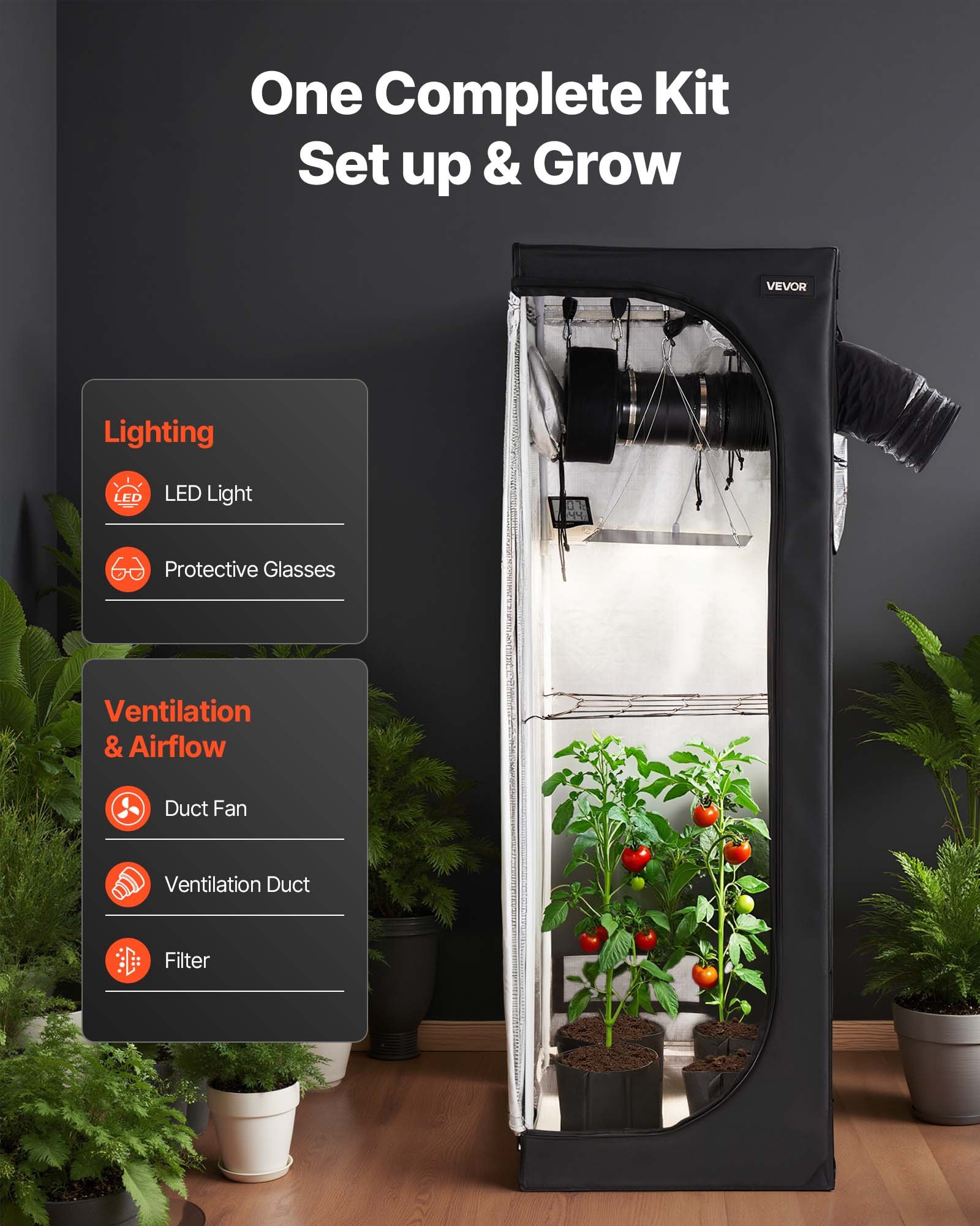 VEVOR Growzelt, 60x60x180 cm, Indoor-Pflanzenzelt mit Vollspektrum-LED-Zuchtlicht & Belüftungssystem, Growbox 600D hochreflektierendes Mylar, Zuchtzelte, Gewächshaus für Blumen & Gemüse