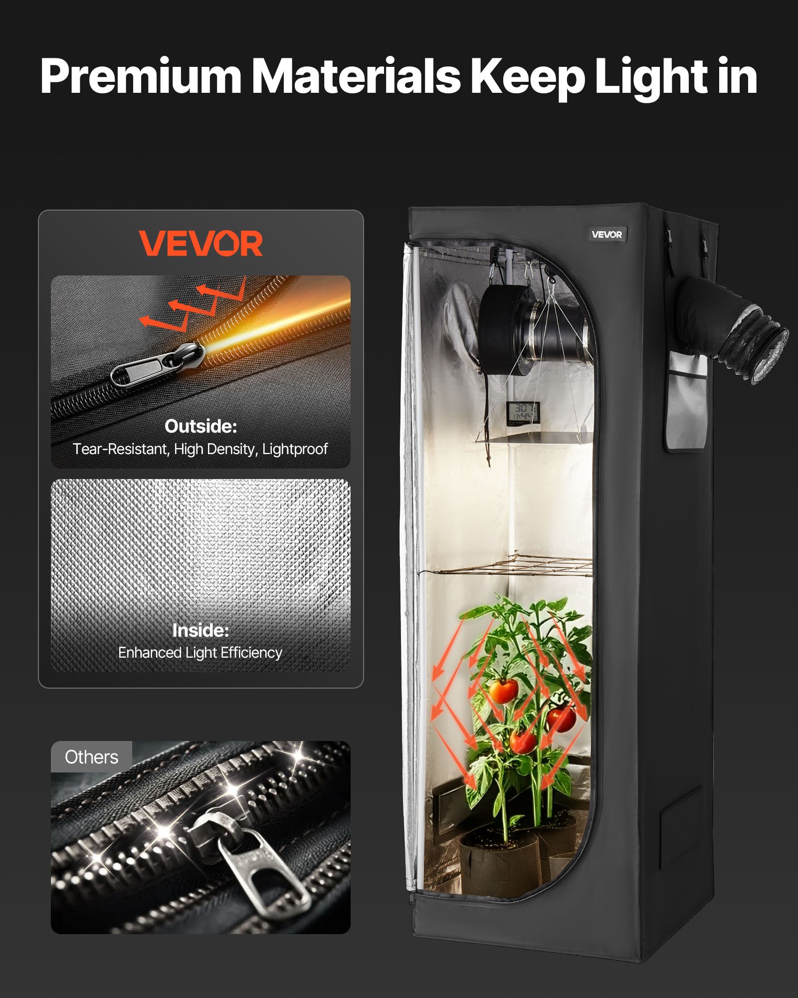 VEVOR Growzelt, 60x60x180 cm, Indoor-Pflanzenzelt mit Vollspektrum-LED-Zuchtlicht & Belüftungssystem, Growbox 600D hochreflektierendes Mylar, Zuchtzelte, Gewächshaus für Blumen & Gemüse