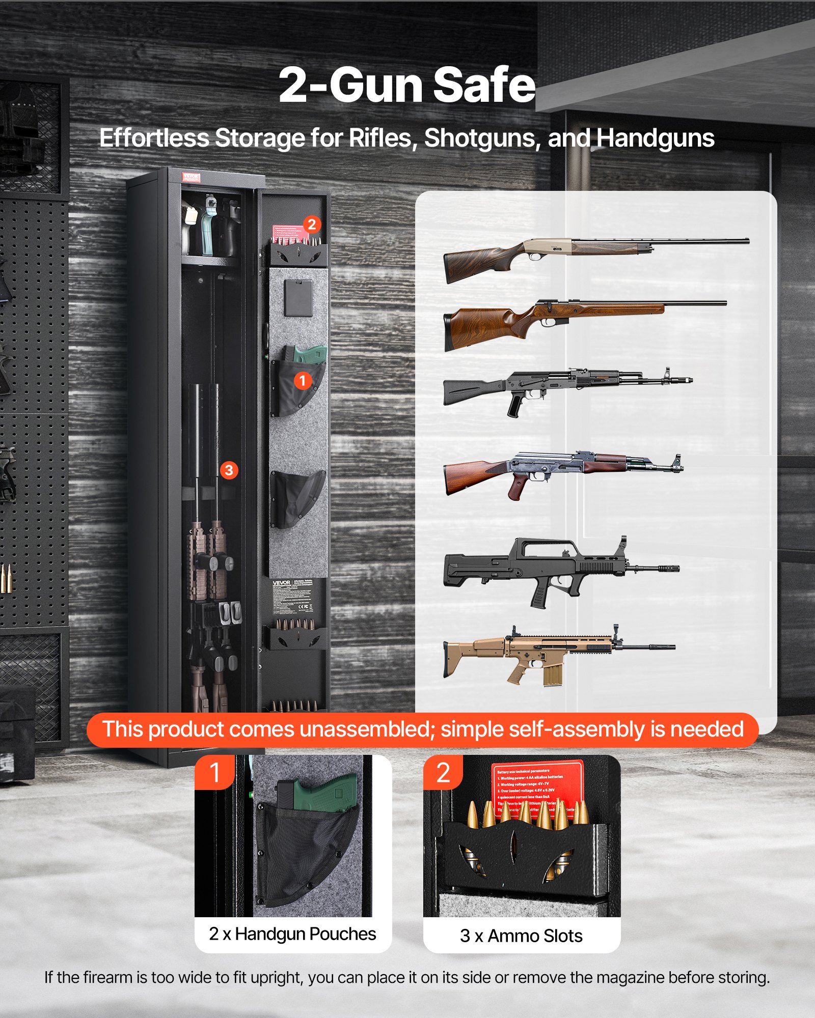 VEVOR Waffenschrank für 4 Langwaffen, Gewehrtresor mit 3 Magazin 2 verstellbaren Halterungen LED-Beleuchtung, Gewehrschrank mit Digitalem Tastenfeld Notfallschlüssel, Waffentresor für Pistolen Gewehre