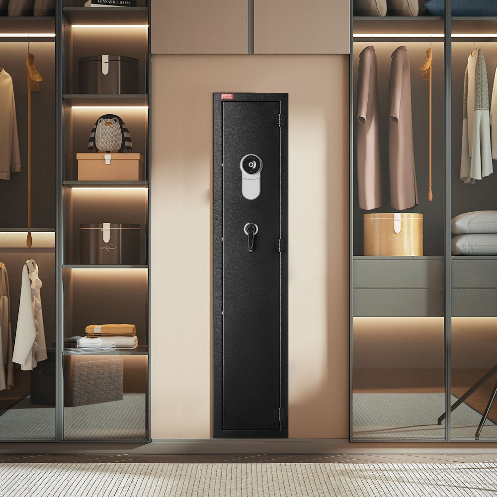 VEVOR Waffenschrank Gewehrschrank mit Fingerabdrucksensor & Schlüssel, Langwaffenschrank Gewehrtresor mit Magazin & LED-Beleuchtung & verstellbaren Halterungen, Montage erforderlich