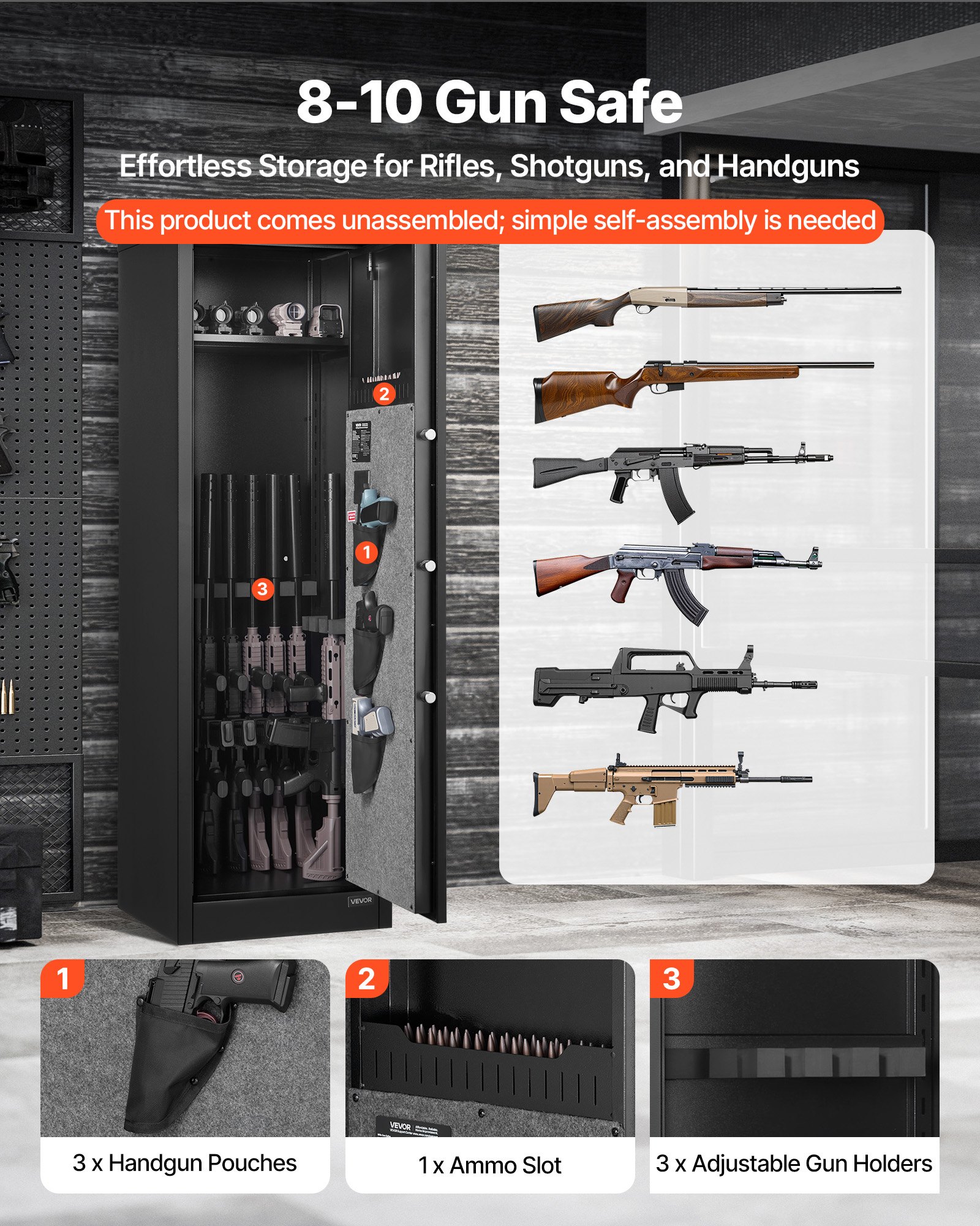 VEVOR Waffenschrank Gewehrschrank mit Schnellzugriff & 3 Pistolenfächern & verstellbaren Halterungen, Langwaffenschrank Gewehrtresor mit Fingerabdruck- und Passwortsperre, Schwarz