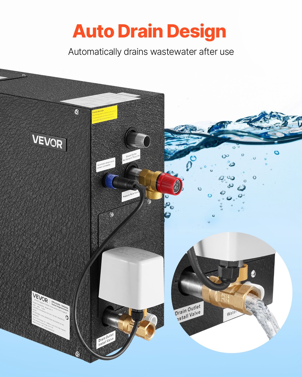 VEVOR Dampfgenerator, 7,5 kW Dampferzeuger, Dampfduschsystem mit Steuerung für Sauna, Bad, Spa, kommerzielles automatisches Ablaufset mit Überhitzungs-, Trockenlauf- & Überdruckschutz, Schwarz