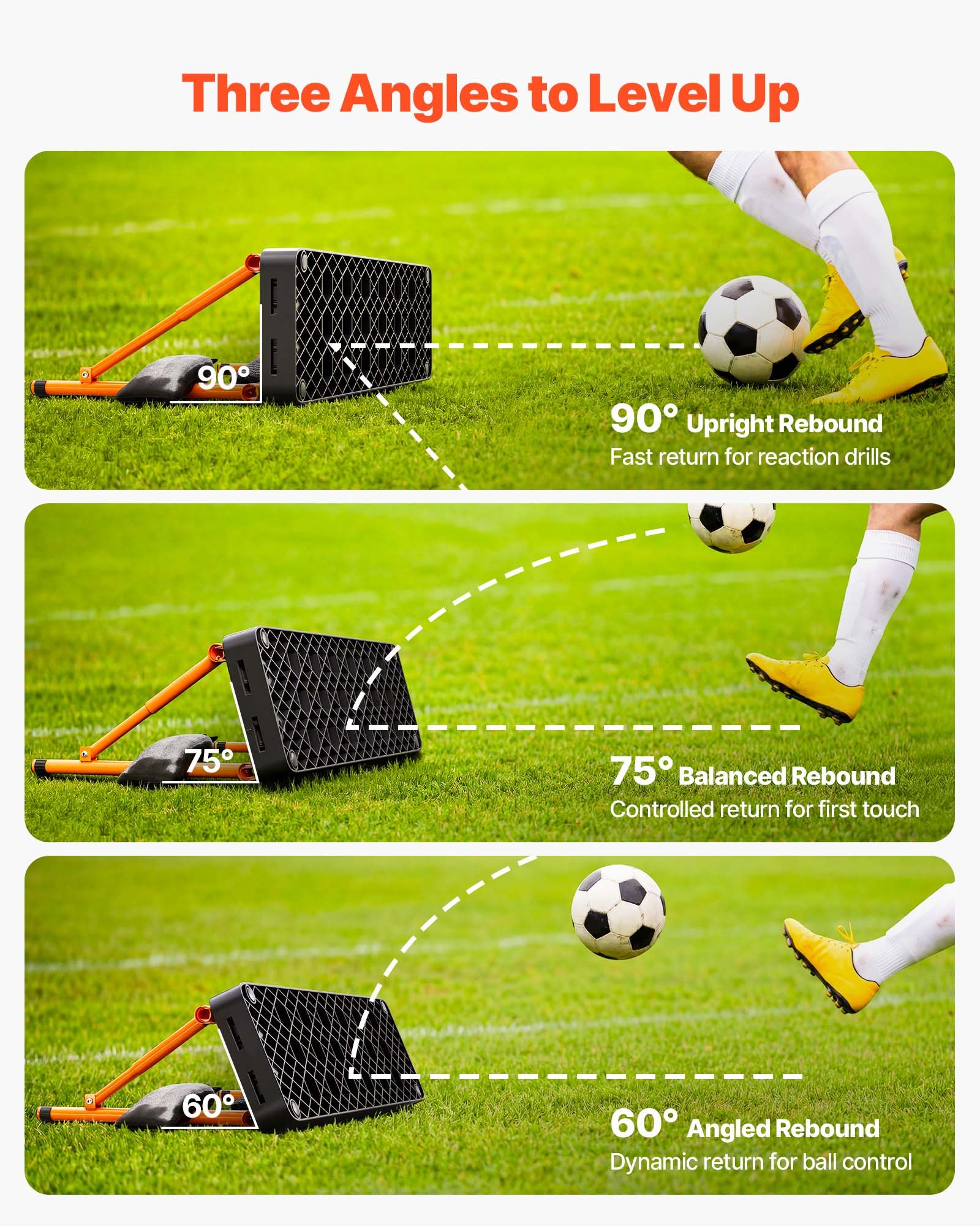 VEVOR Soccer Rebounder Board, 950 x 250 mm Portable Soccer Rebound Wall, Dual Surface Sports Kick Back Trainer, 3 Adjustable Angles, Easy Setup Ball Practice Equipment for Passing & Reaction Skills