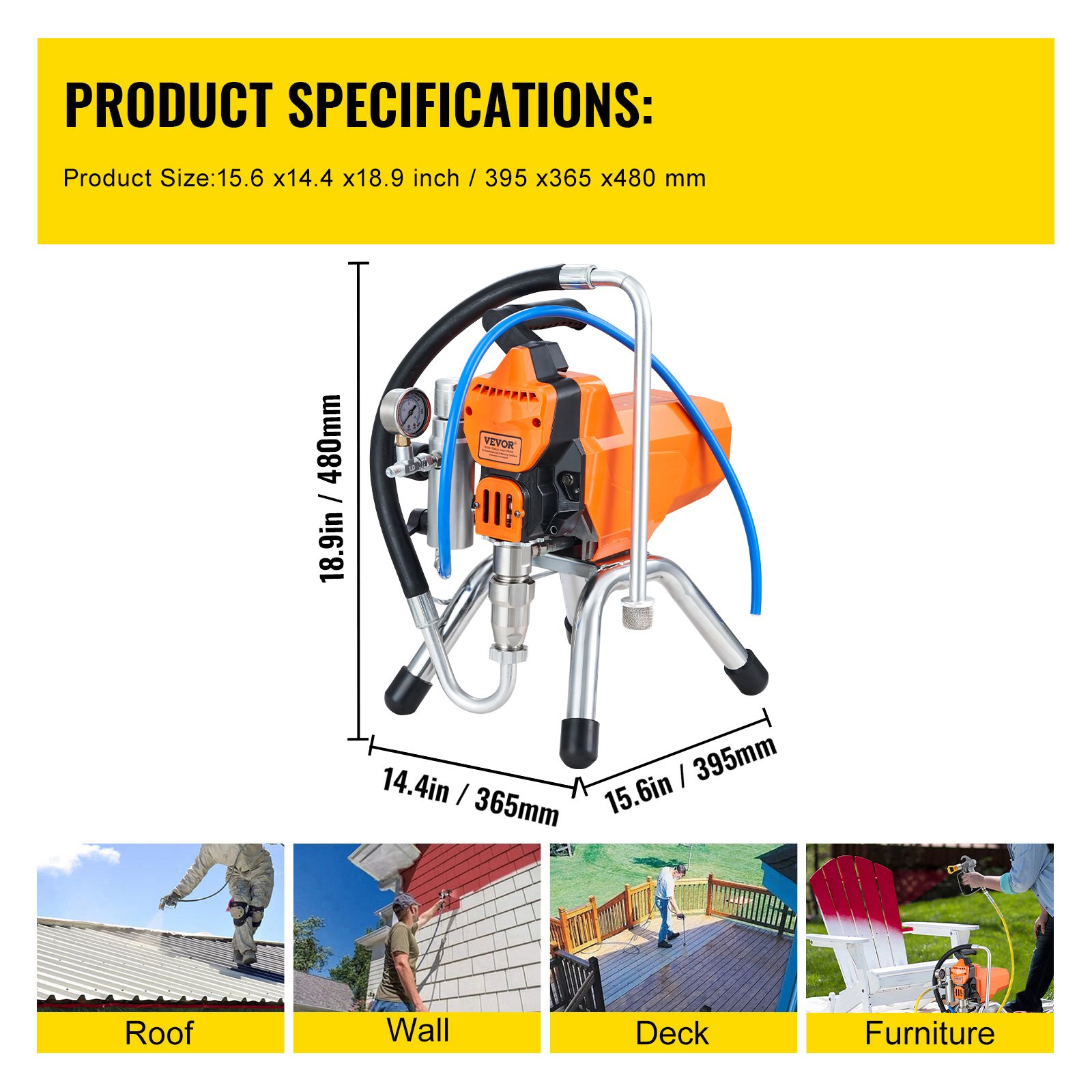 VEVOR Airless-Spritzgerät mit Hochdruckschlauch, 2200-W-Wandstreichpistole, 3000 PSI, 2 l/min, bürstenloser Motor im Lieferumfang enthalten, für Innen- und Außenanstriche, Zaunzubehör