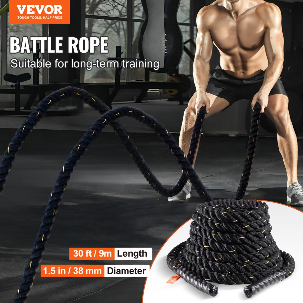 VEVOR Battle Rope, 1,5 Zoll Durchmesser, 30 Fuß Länge, Polyester-Trainingsseil, Battle-Trainingsgerät, schweres Seil für das Heim-Fitnessstudio, Körpertraining, Rumpfkrafttraining, Muskelaufbau, Fitness