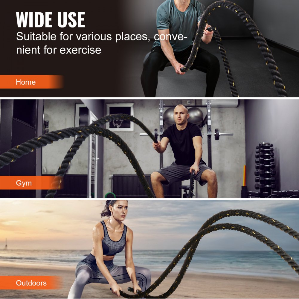 VEVOR Battle Rope, 1,5 Zoll Durchmesser, 30 Fuß Länge, Polyester-Trainingsseil, Battle-Trainingsgerät, schweres Seil für das Heim-Fitnessstudio, Körpertraining, Rumpfkrafttraining, Muskelaufbau, Fitness