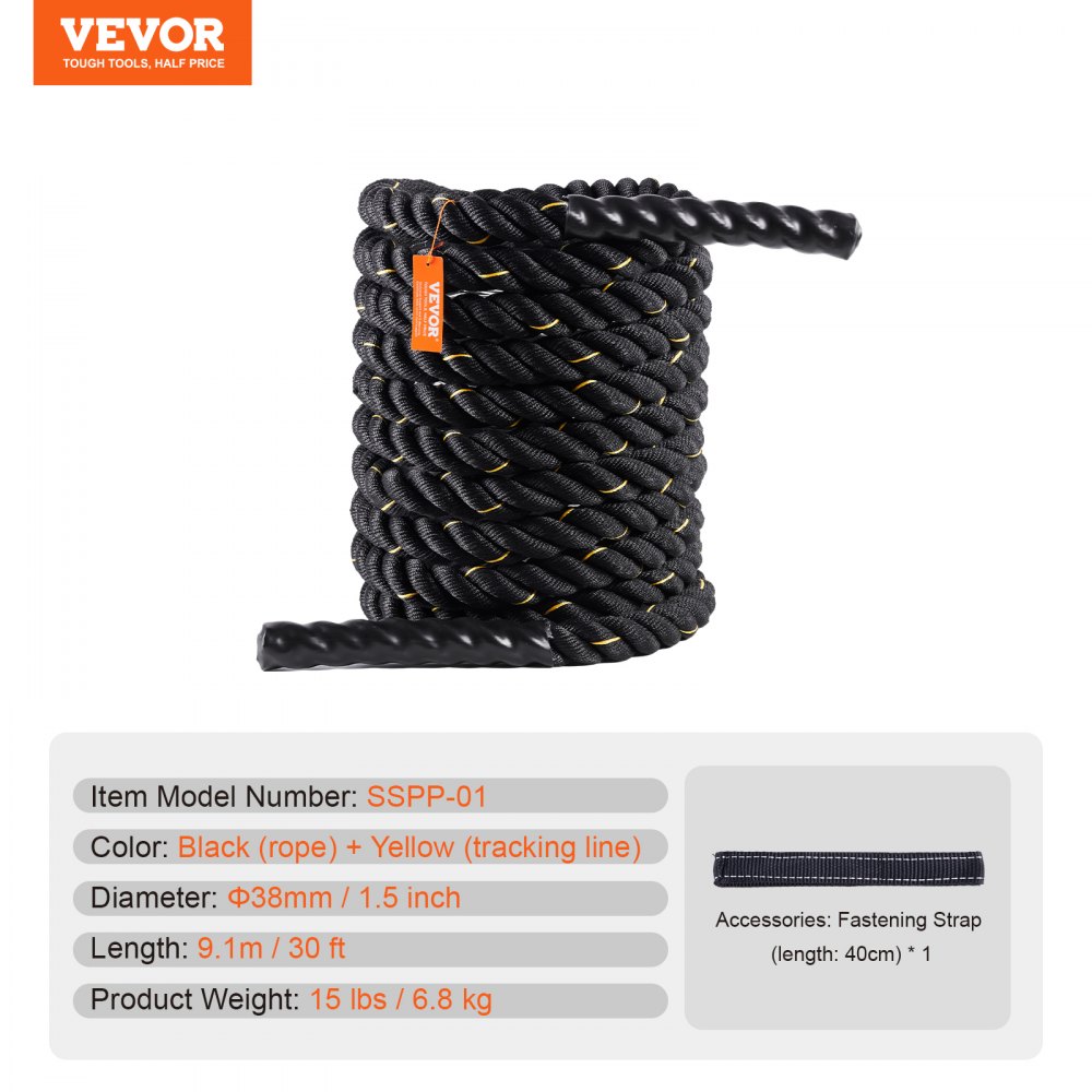 VEVOR Battle Rope, 1,5 Zoll Durchmesser, 30 Fuß Länge, Polyester-Trainingsseil, Battle-Trainingsgerät, schweres Seil für das Heim-Fitnessstudio, Körpertraining, Rumpfkrafttraining, Muskelaufbau, Fitness