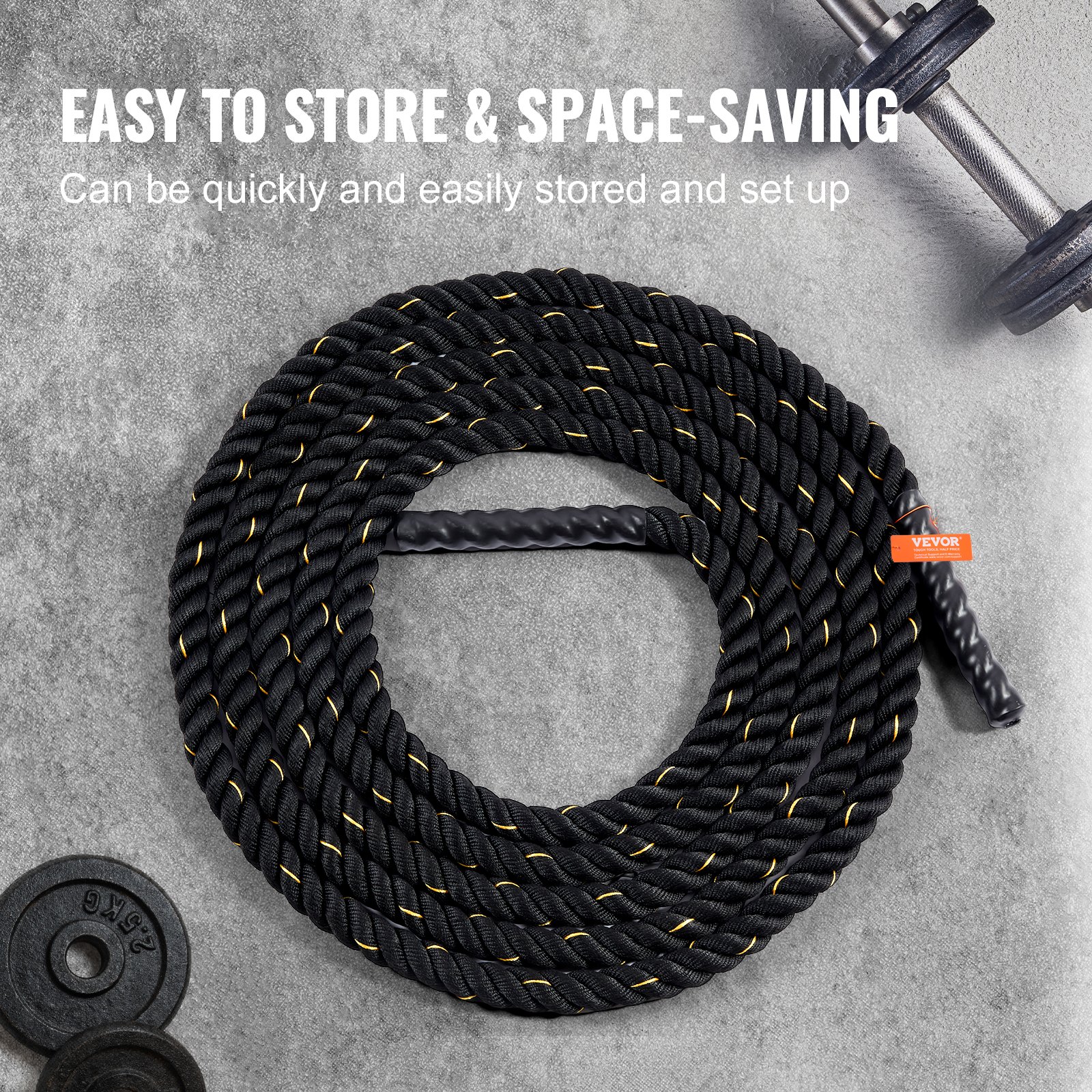 VEVOR Battle Rope, 1,5 Zoll Durchmesser, 30 Fuß Länge, Polyester-Trainingsseil, Battle-Trainingsgerät, schweres Seil für das Heim-Fitnessstudio, Körpertraining, Rumpfkrafttraining, Muskelaufbau, Fitness