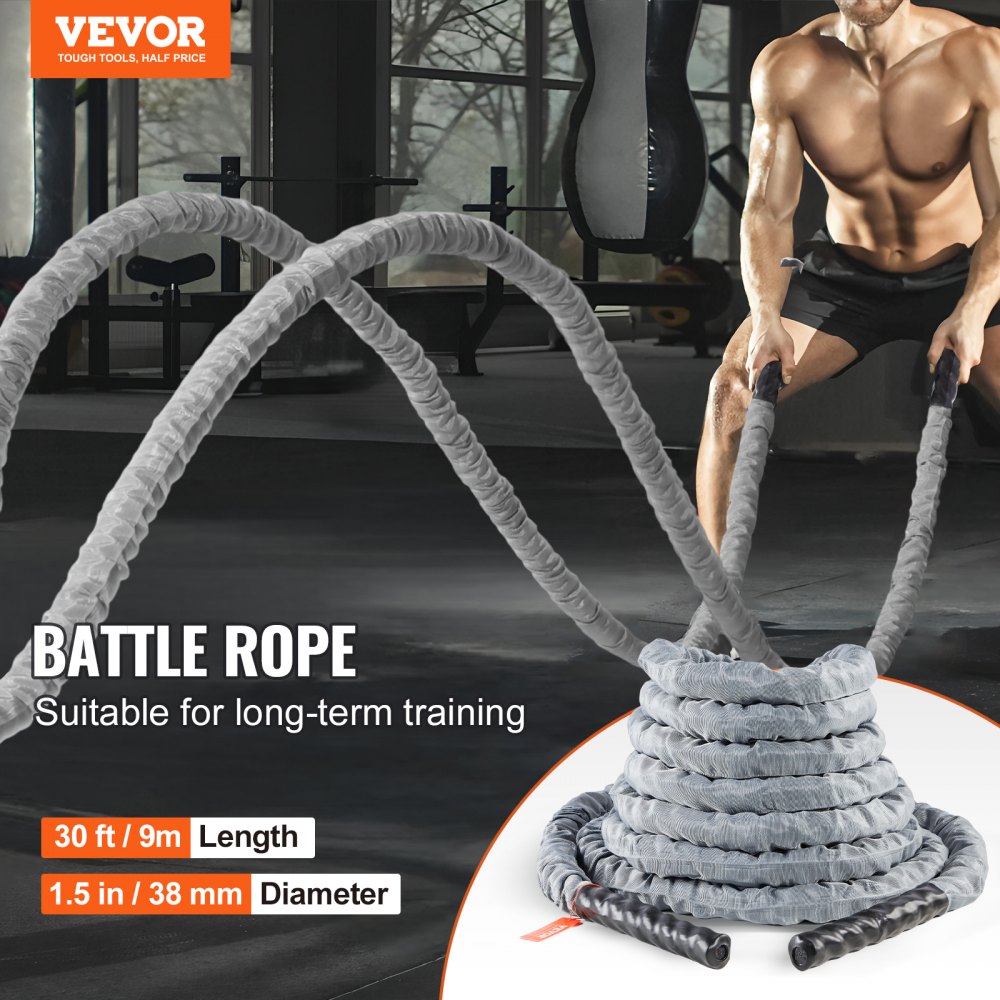 VEVOR Battle Rope, 1,5 Zoll Durchmesser, 30 Fuß Länge, Polyester-Trainingsseil, Battle-Trainingsgerät mit Schutzhülle und Anker, schweres Seil für das Home-Fitnessstudio-Workout, Rumpfkrafttraining, grau